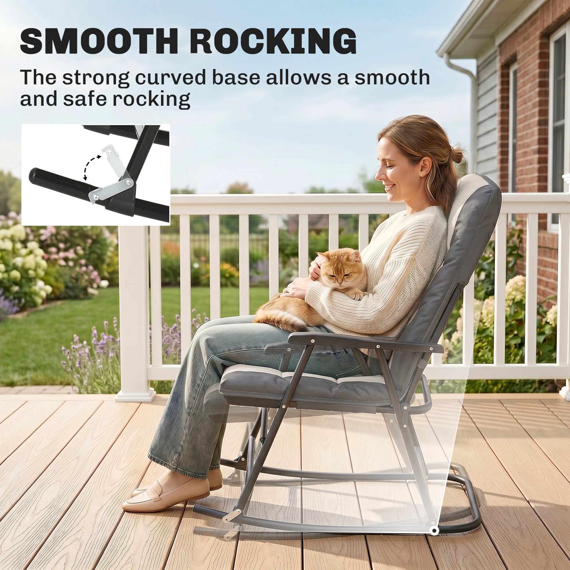 Folding Rocking Chair Set of 2 Padded Rockers with Armrest, Light Grey