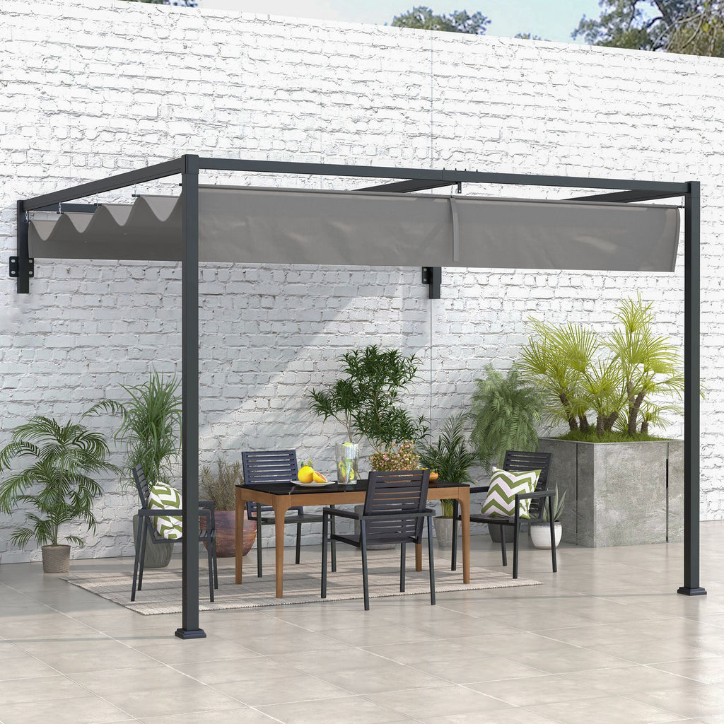 10' x 7' Lean To Pergola, Metal Pergola with Retractable Roof for Grill, Garden, Patio, Deck