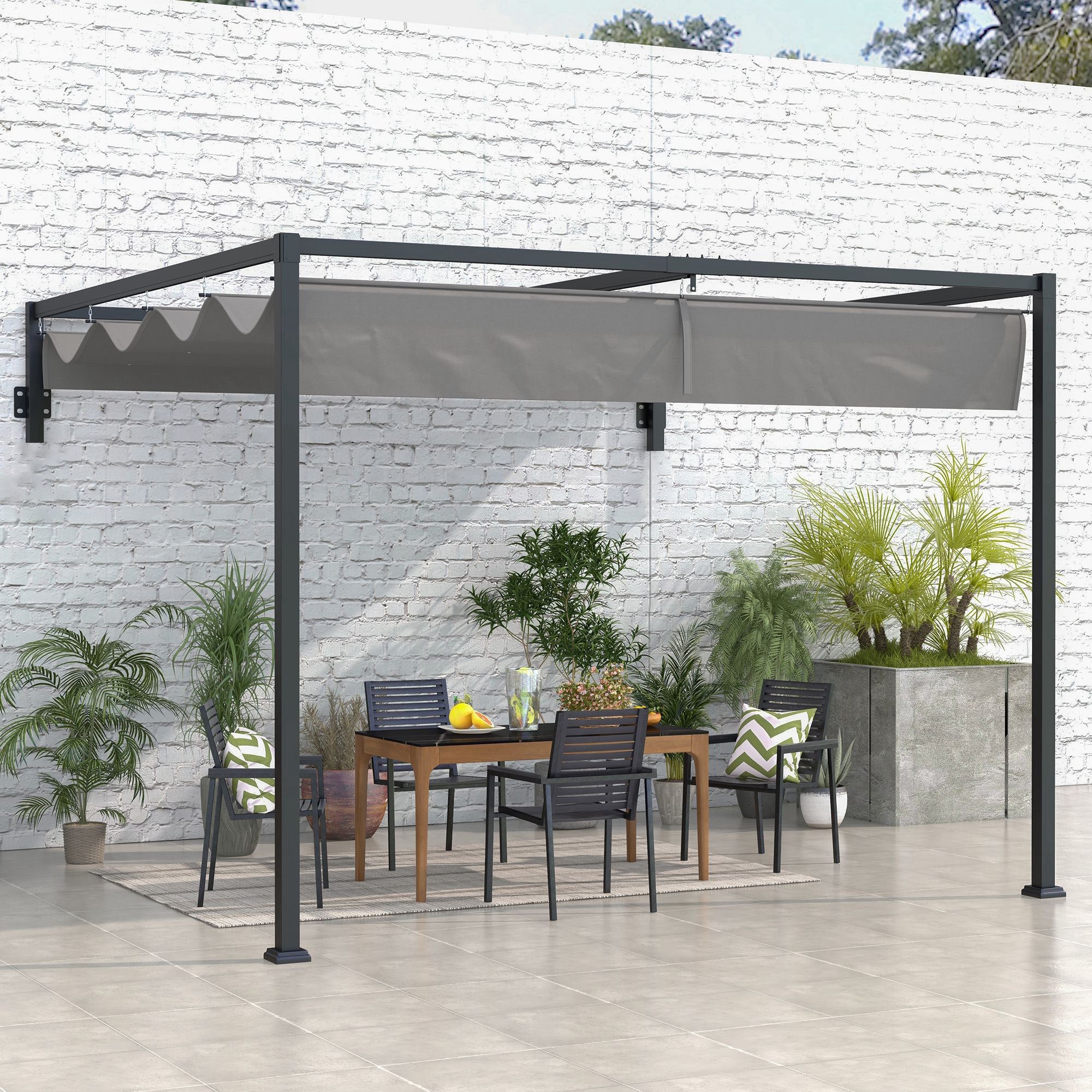 10' x 7' Lean To Pergola, Metal Pergola with Retractable Roof for Grill, Garden, Patio, Deck