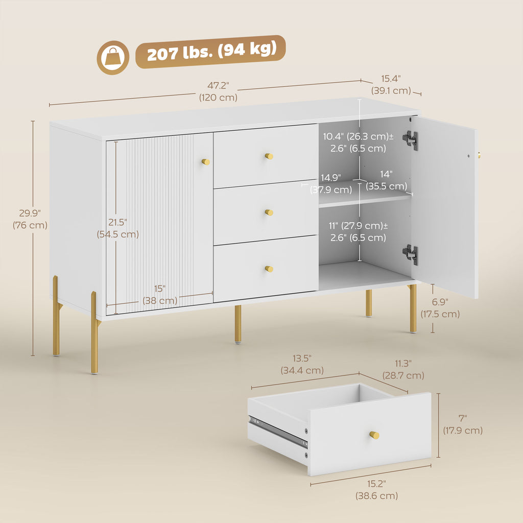 Buffet Cabinet, Modern Sideboard with 3 Soft-Close Drawers and 2 Adjustable Shelves for Living Room, Kitchen, White