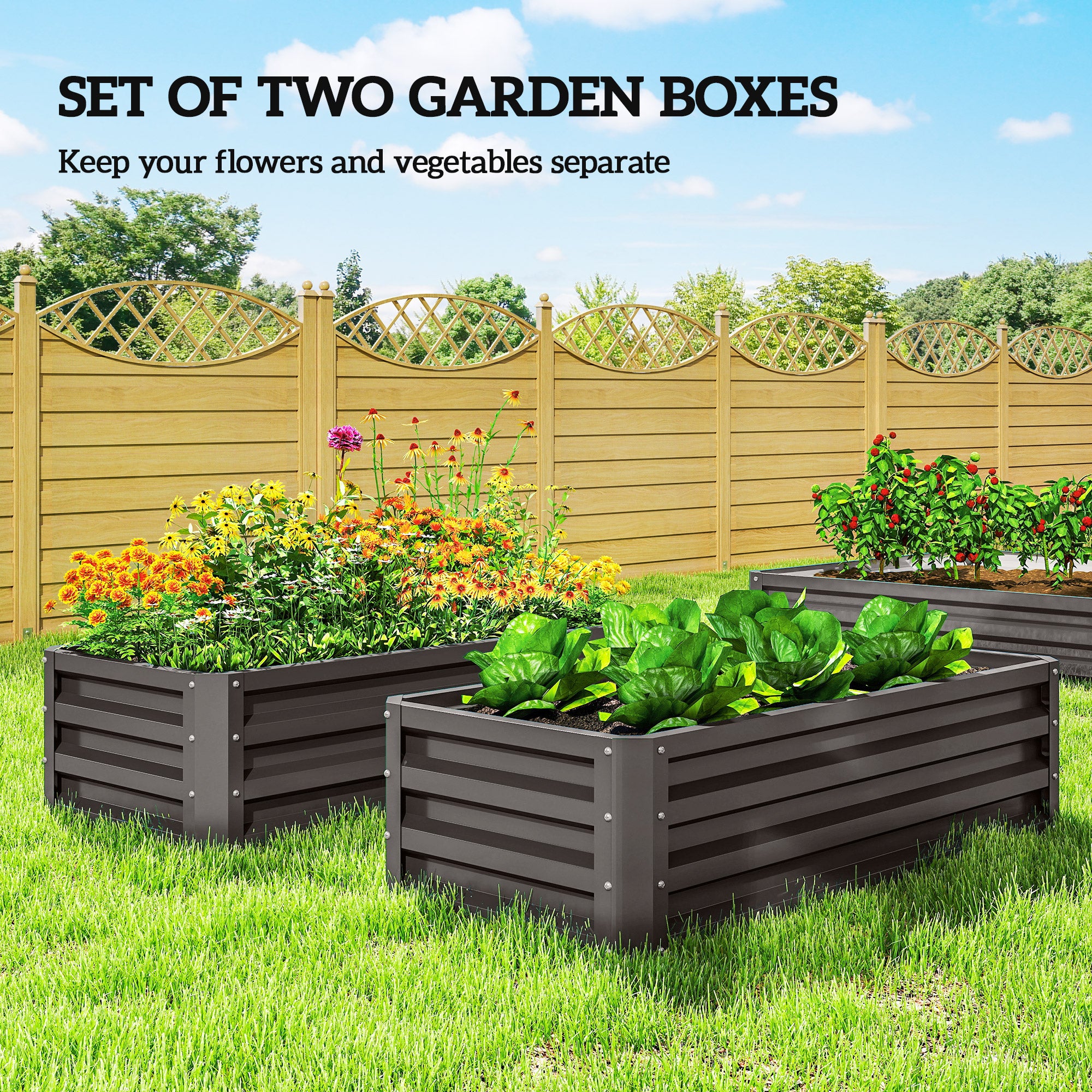 Galvanized Raised Garden Beds, Outdoor Planter Box, Set of 2, for Flowers, Herbs and Vegetables, Dark Grey