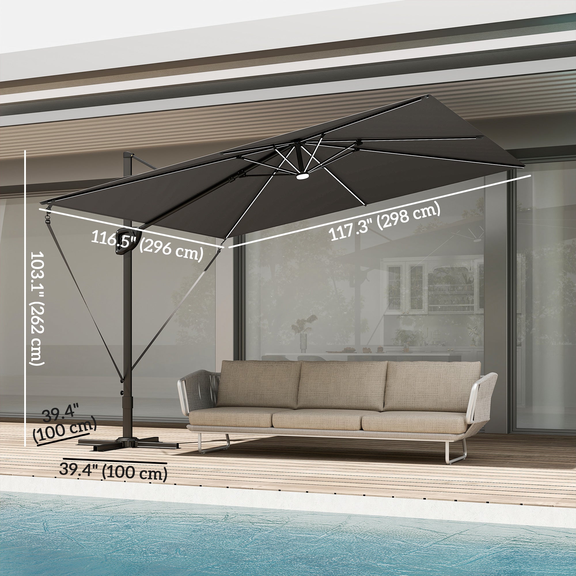 10 x 9.7 ft Offset Cantilever Patio Umbrella with Lights, Wind Rope, UPF50+ Outdoor Cantilever Parasol, Dark Grey