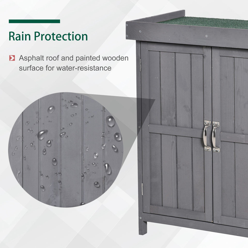 Wooden Garden Tool Storage Shed Kit with Hinged Roof, 2-Tier Shelves and Double Doors, 74x43x88cm, Dark Grey