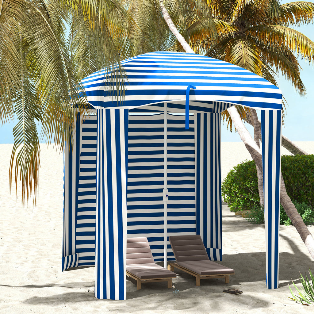 70.1" L x 70.1" W Cabana Umbrella with Walls, Vents, Ruffles, Carry Bag, Beach Umbrella, Blue White Stripe
