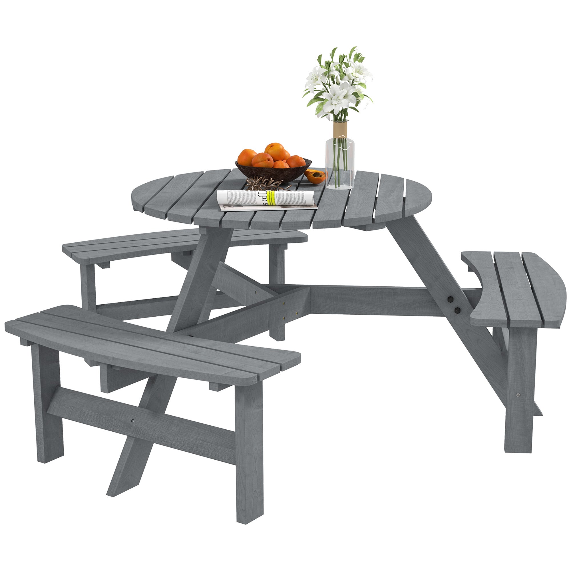 6 Person Round Picnic Table Bench Set with Umbrella Hole, Wood Patio Table with 3 Built-in Benches for Garden, Deck, Backyard, Grey