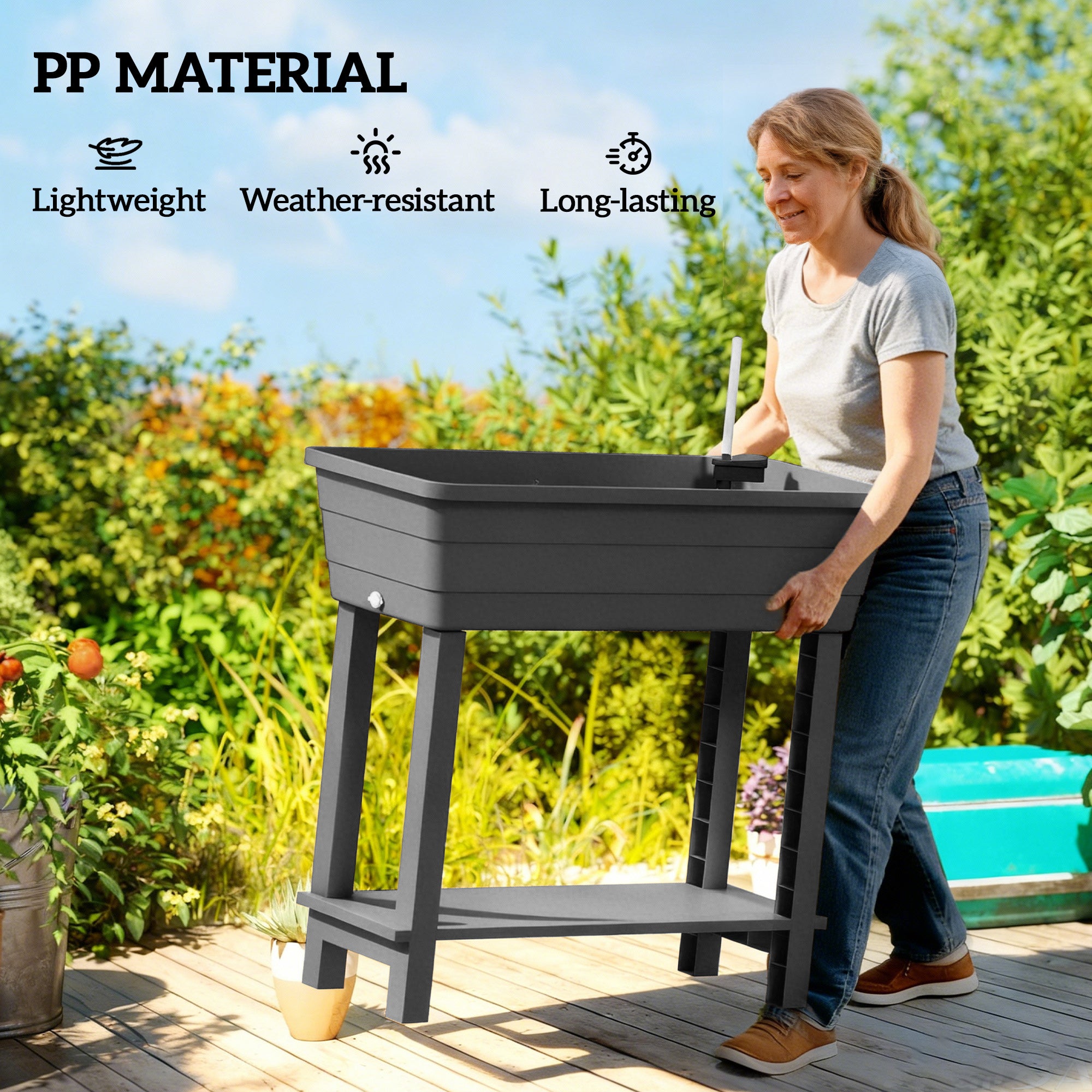 41L Self Watering Raised Garden Bed w/ Ventilation Transparent Lid Greenhouse, Planter Box w/ Storage Shelf, Black