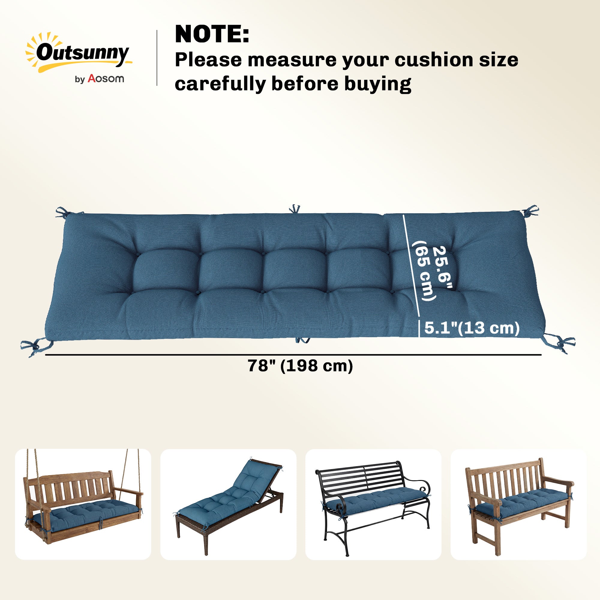 Patio Lounge Chair Cushion, UV50+ Chaise Lounge Chair Cushion with Securing Straps for Patio, 78 x 25.6 inch, Blue