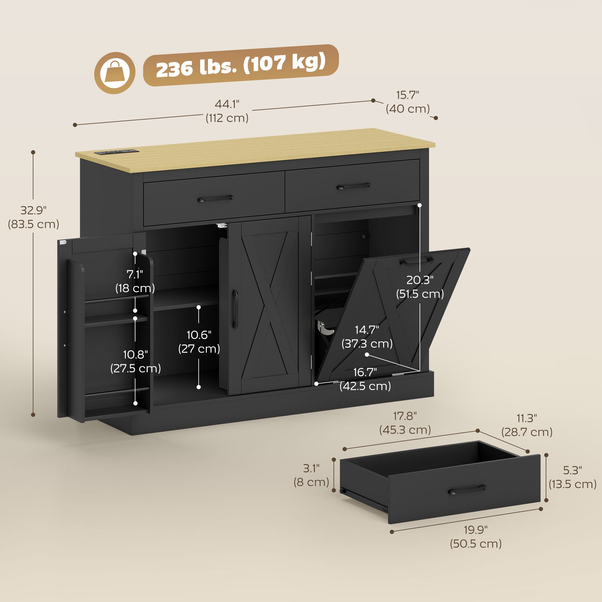 7 Gallon Tilt Out Garbage Cabinet, Kitchen Island with Charging Station, 2 Drawers, 4 Door Racks, Black