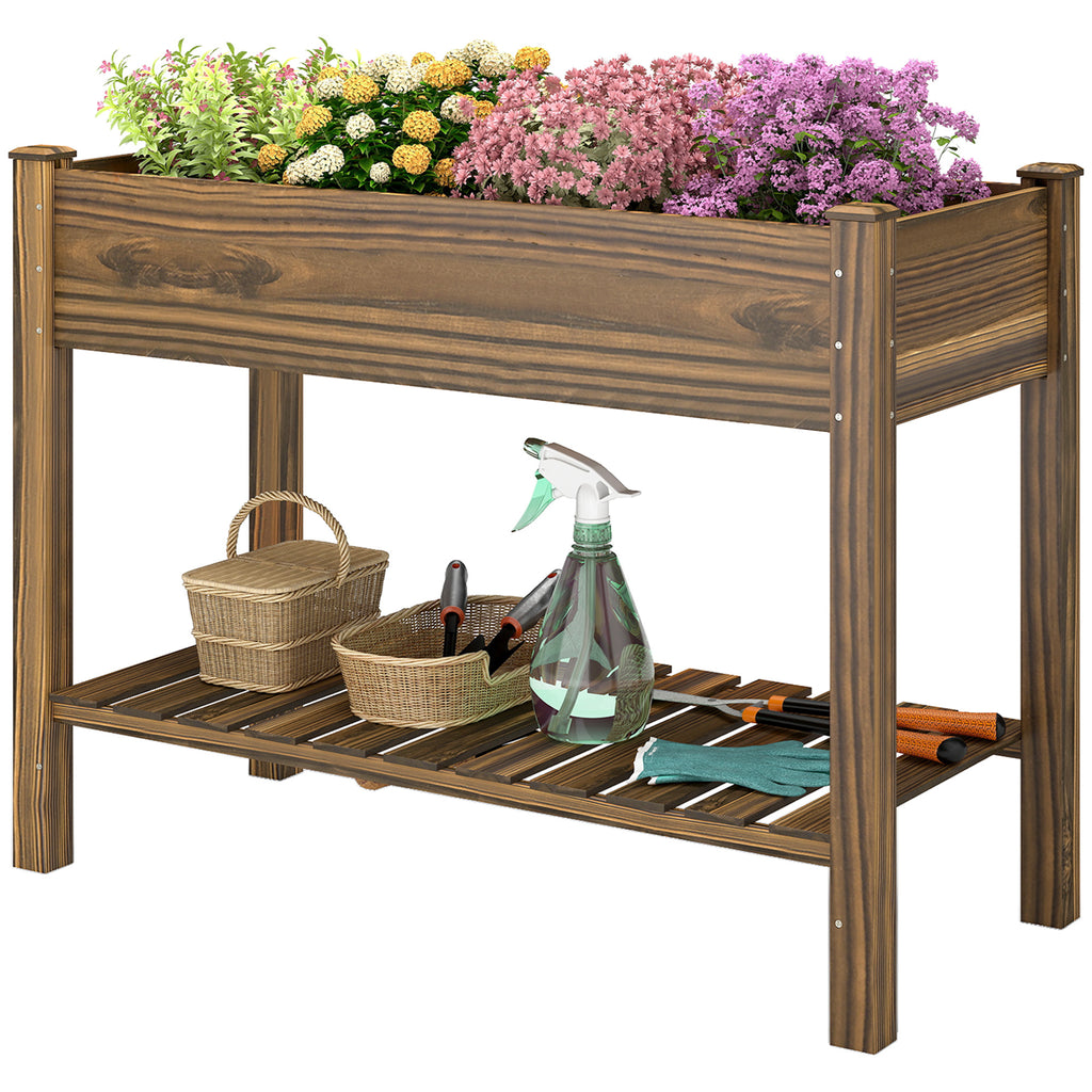 Elevated Planter Box w/ Legs and Storage Shelf, Raised Garden Bed, Elevated Wooden Planter Box, Carbonized