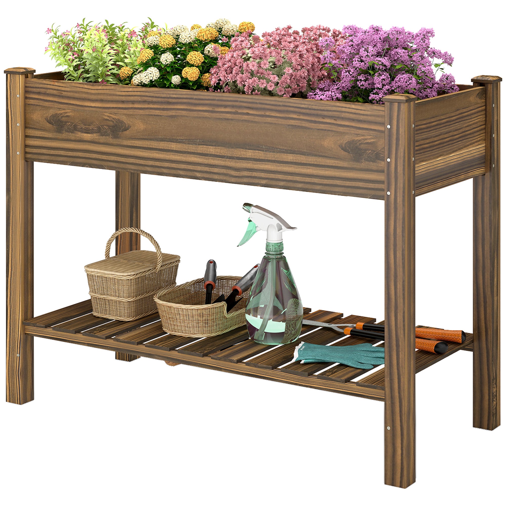 Elevated Planter Box w/ Legs and Storage Shelf, Raised Garden Bed, Elevated Wooden Planter Box, Carbonized