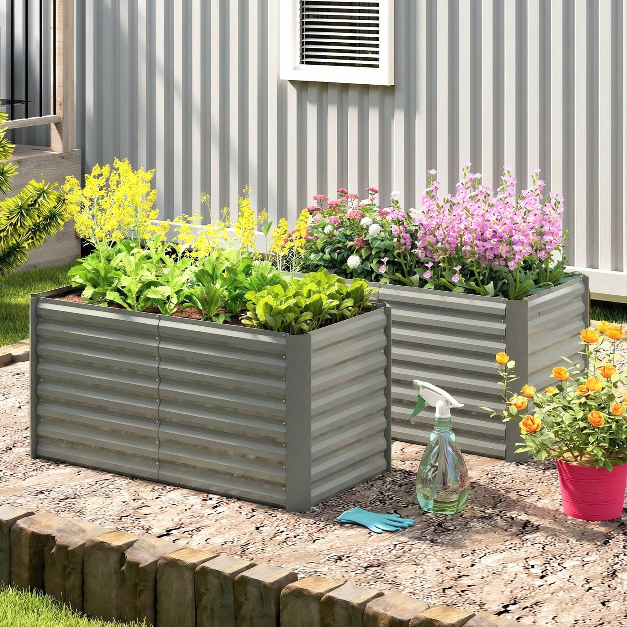 Set of 2 Galvanized Metal Planters for Outdoor Plants, 4' x 2' x 2' Raised Garden Bed, Light Grey