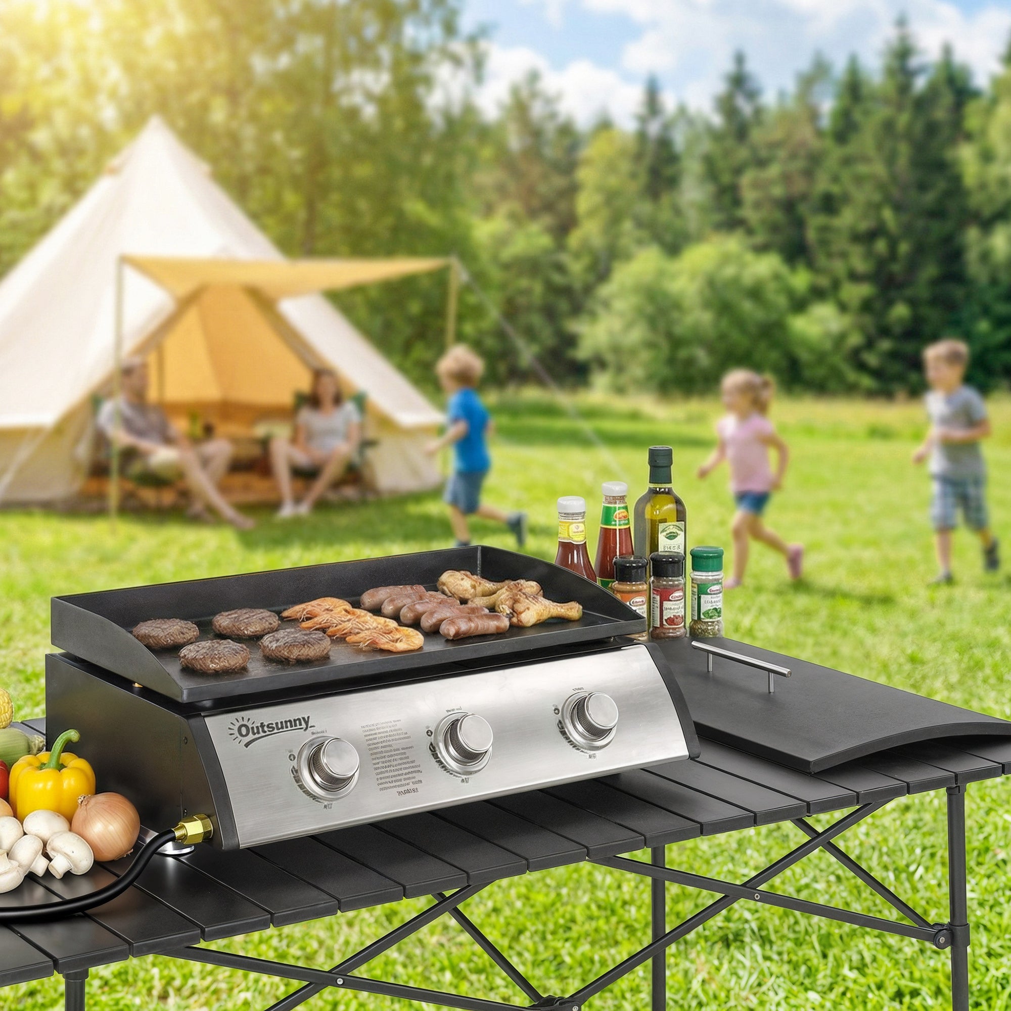 Propane Gas Grill with 3 Main Burners, 8530 BTU Outdoor BBQ Grill Cart with Non-Stick Griddle and Lid, Black