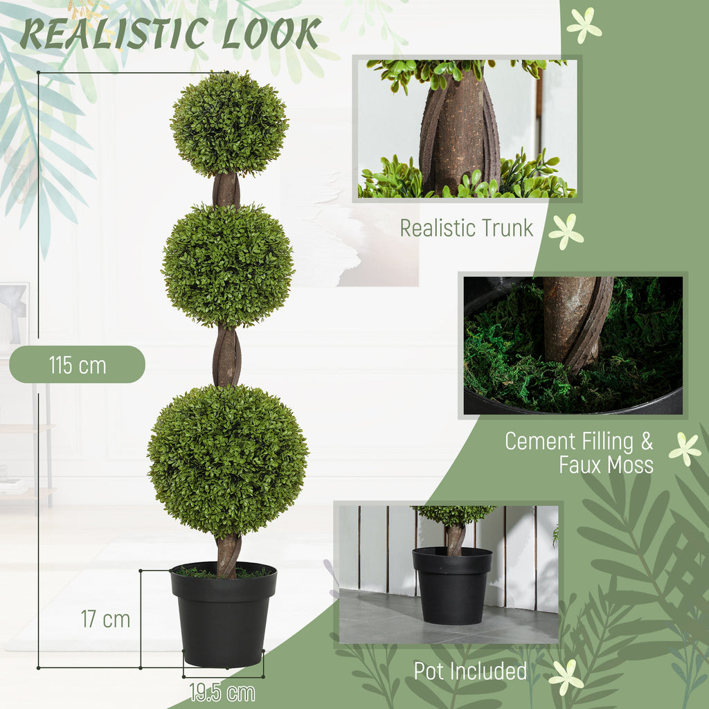 Set of 2 Artificial Ball Boxwood Topiary Trees, Fake Plants in Pots for Indoor Outdoor Decor, Green