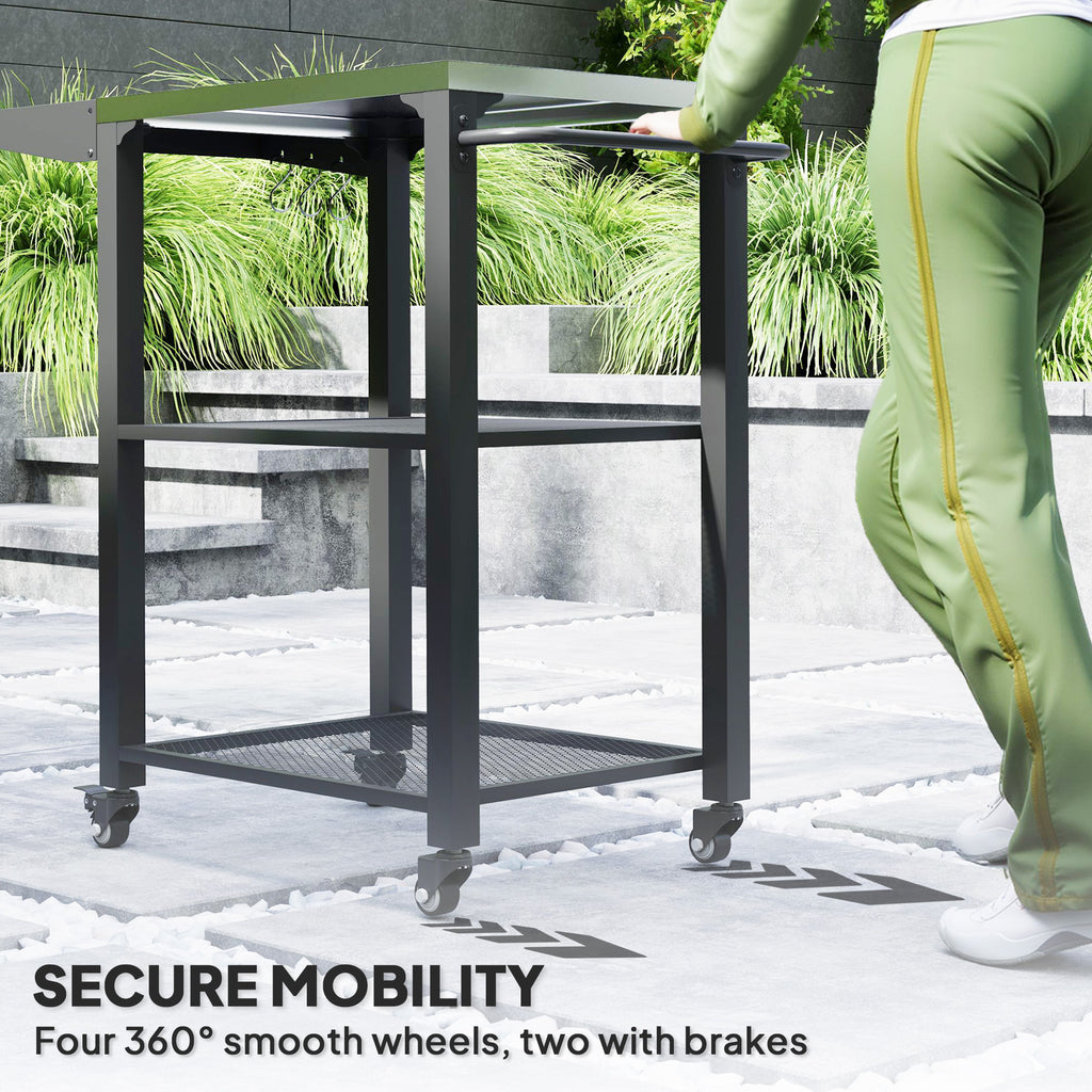 Outdoor Grill Cart w/ Foldable Side Table, 3-Tier Pizza Oven Stand w/ Stainless Steel Tabletop, Hooks, Wheels