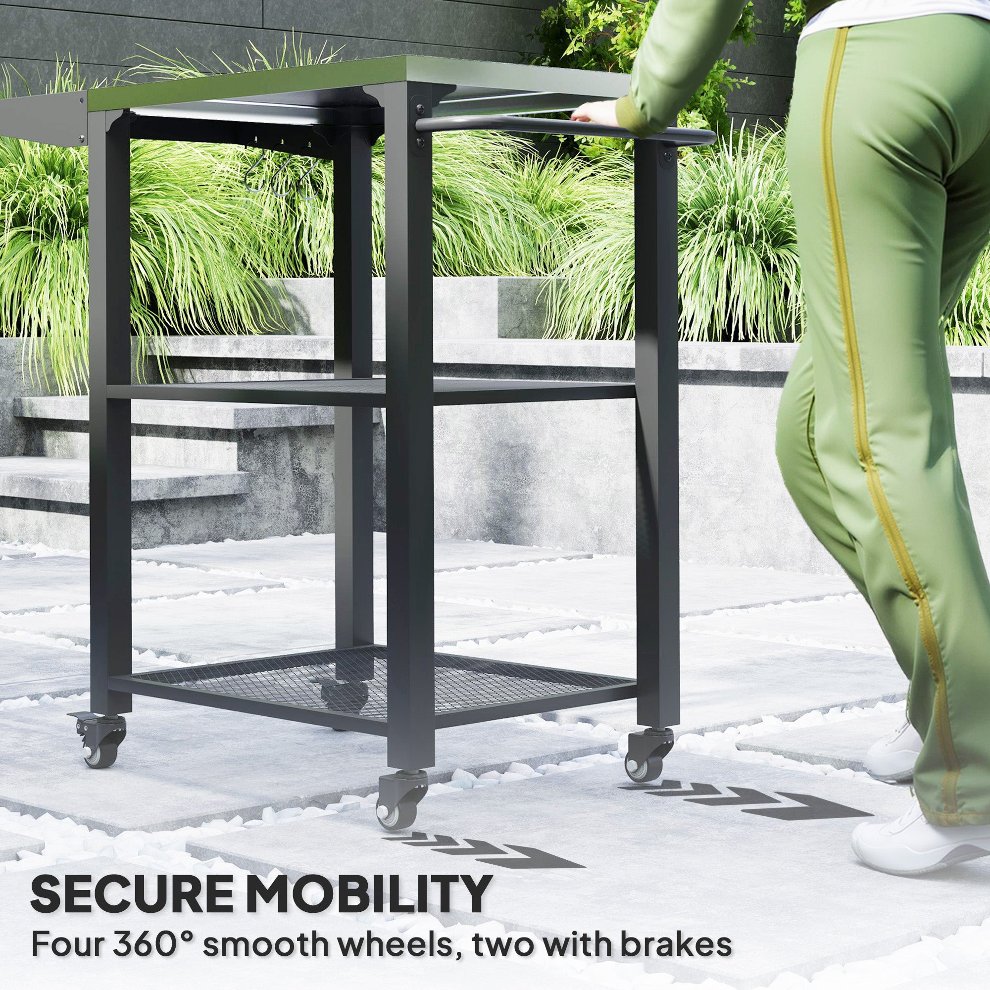 Outdoor Grill Cart w/ Foldable Side Table, 3-Tier Pizza Oven Stand w/ Stainless Steel Tabletop, Hooks, Wheels