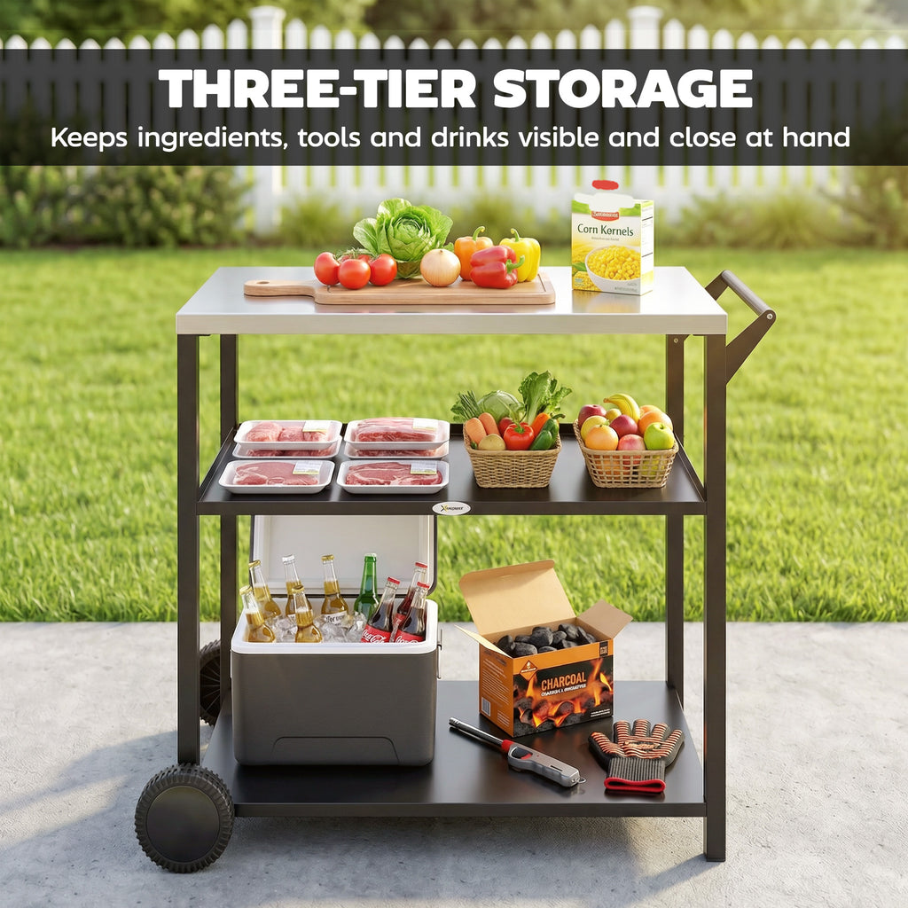 Outdoor Grill Cart with Stainless Steel Top, Three-Tier Pizza Oven Stand, BBQ Cart on Wheels, Black