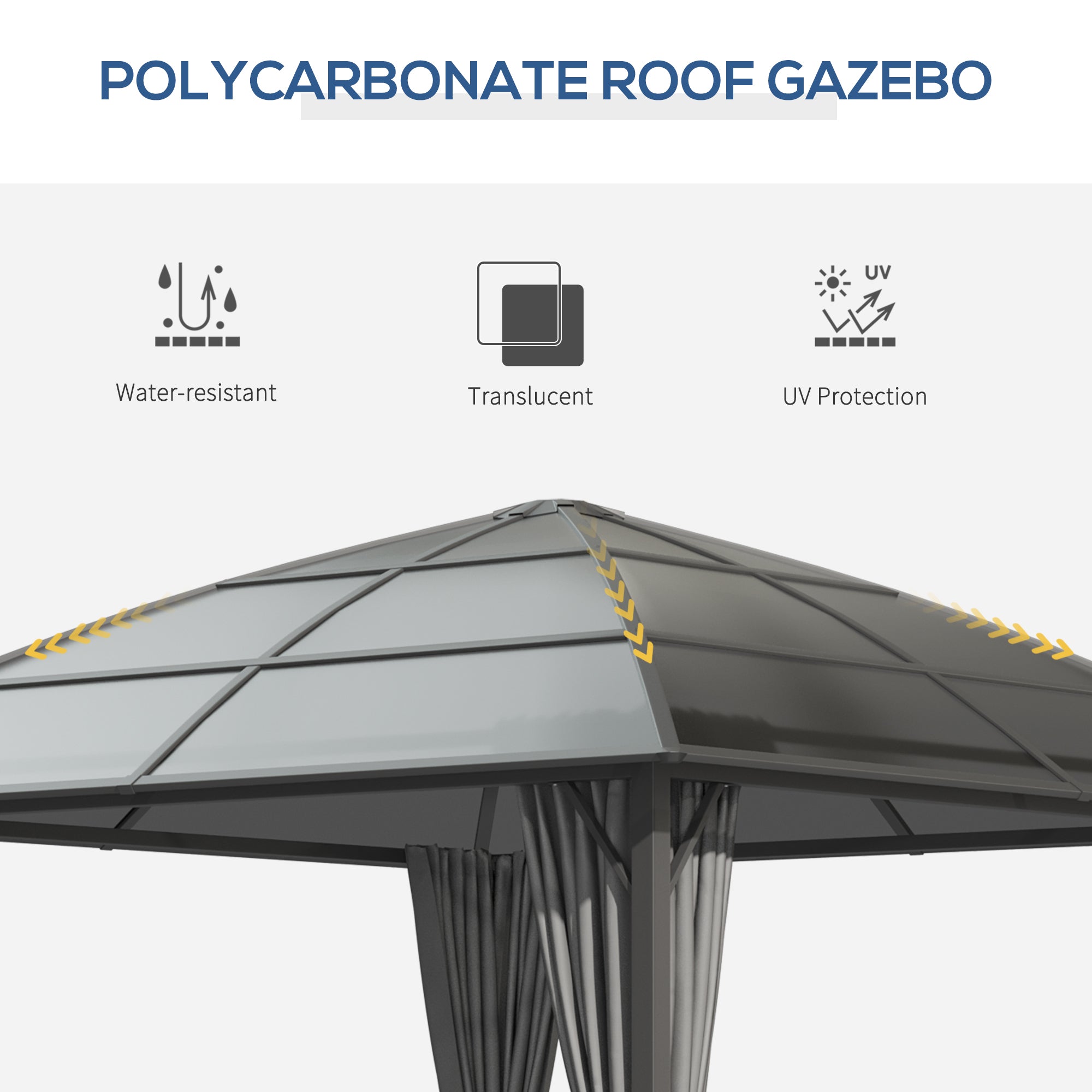 10' x 10' Outdoor Hardtop Gazebo Canopy withÂ UV60+ Polycarbonate Roof, Steel Frame, Central Hook,Â Curtains, Dark Grey