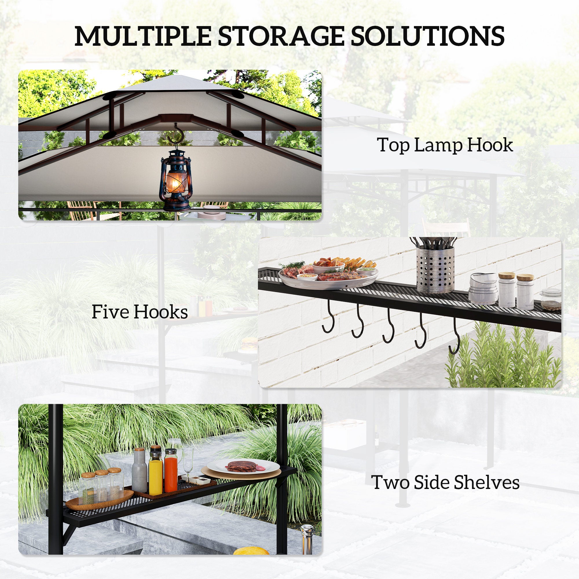 8' x 7.6' Grill Gazebo, Double Tiered Barbecue Grill Gazebo Shelter w/ Side Awning, 2 Side Shelves, 6 Hooks, Light Grey