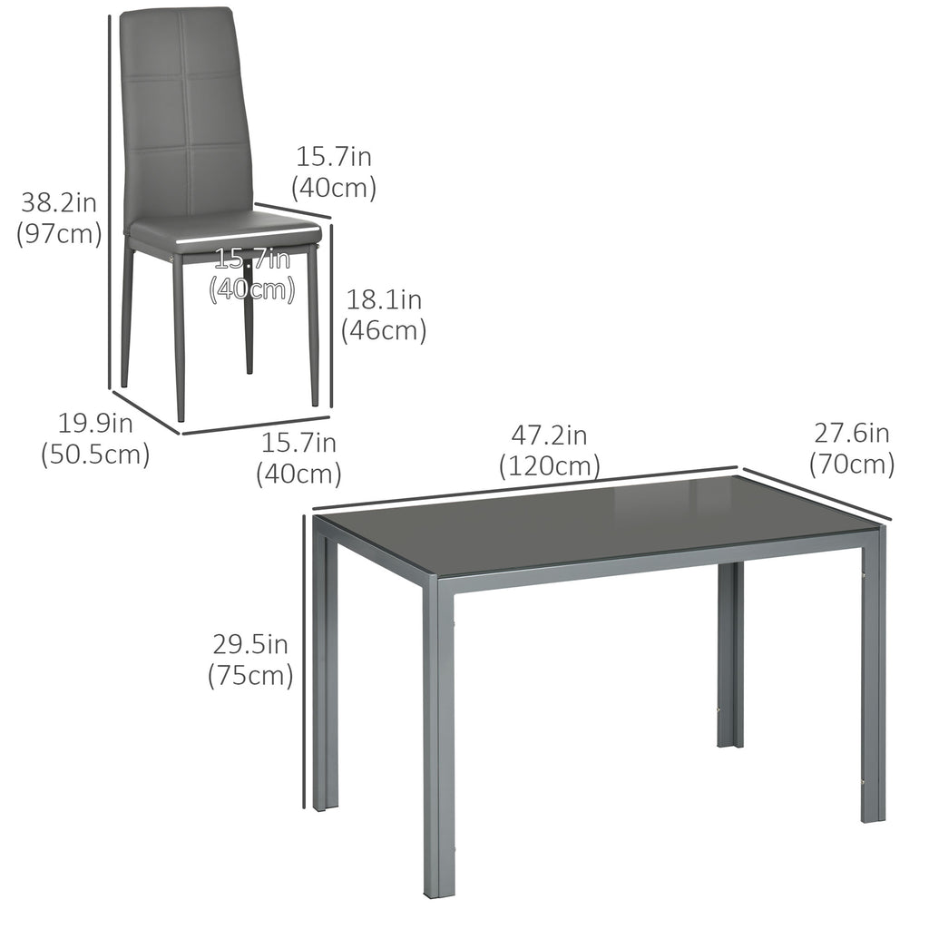 5-Piece Rectangular Glass Kitchen Table and Chairs with Metal Frame and Faux Leather Upholstery for Dining Room, Grey