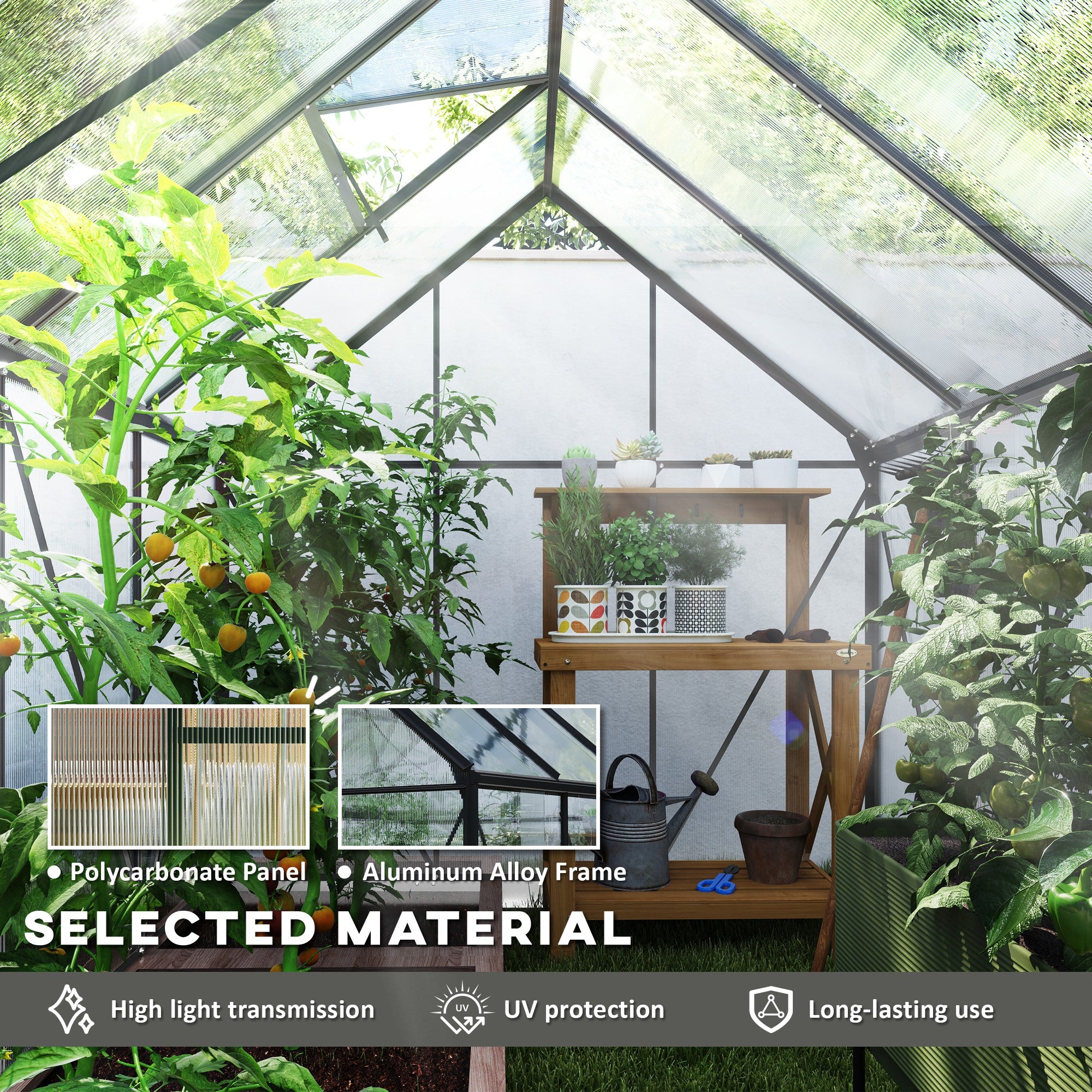 6' x 8' x 6.5' Polycarbonate Greenhouse, Walk-in Green House with Adjustable Roof Vent Galvanized Base Sliding Door Rain Gutter for Outdoor Garden Backyard, Charcoal Grey
