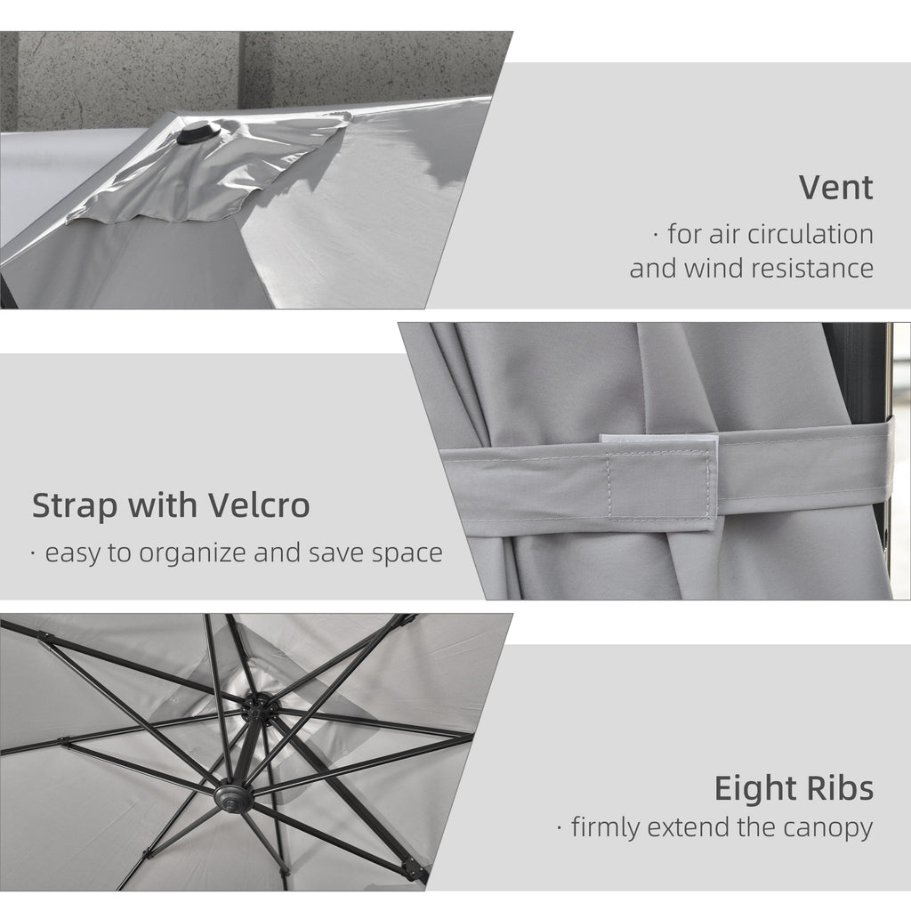 9ft Cantilever Patio Umbrella, Square Overhanging Umbrella with Cross Base, Crank Handle, Tilt Light Grey