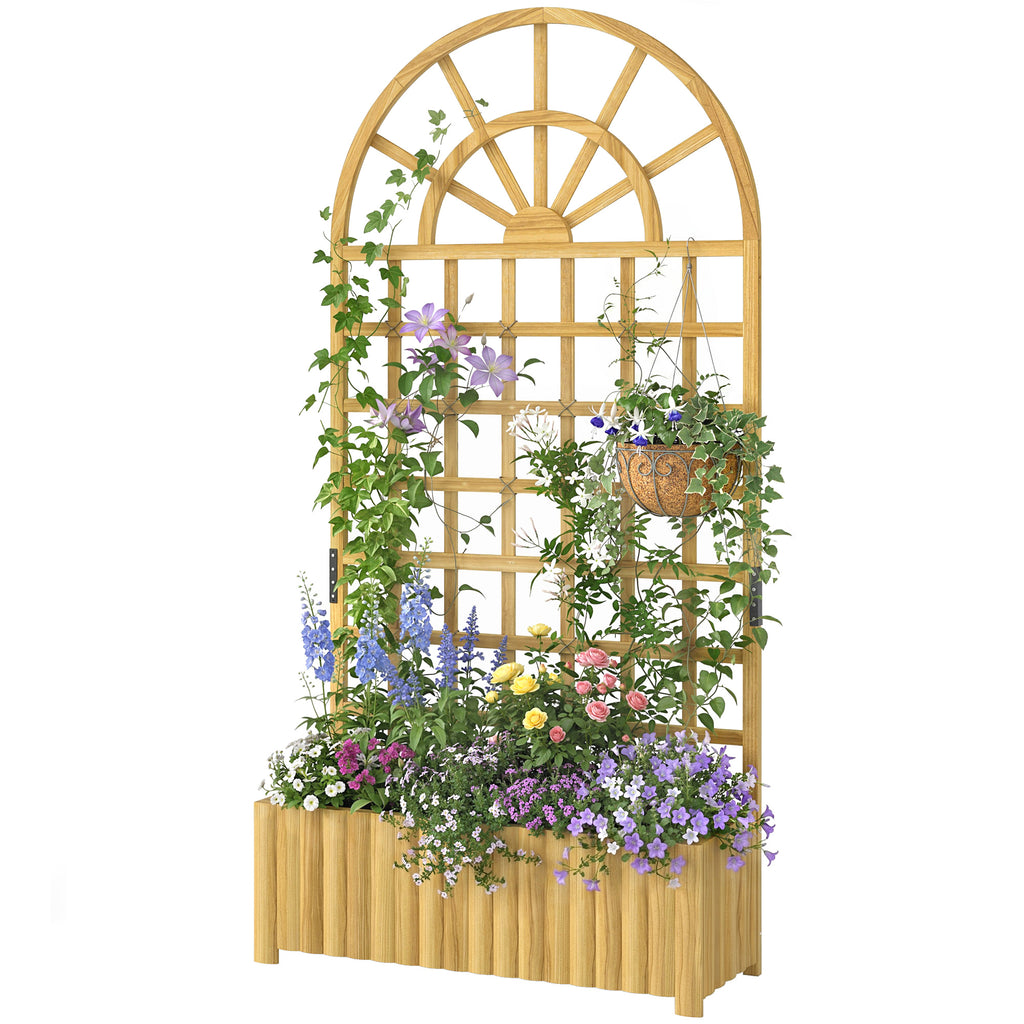 Wooden Raised Garden Bed with Lattice Trellis, Outdoor Elevated Planter Box with Drainage Holes for Climbing Plants