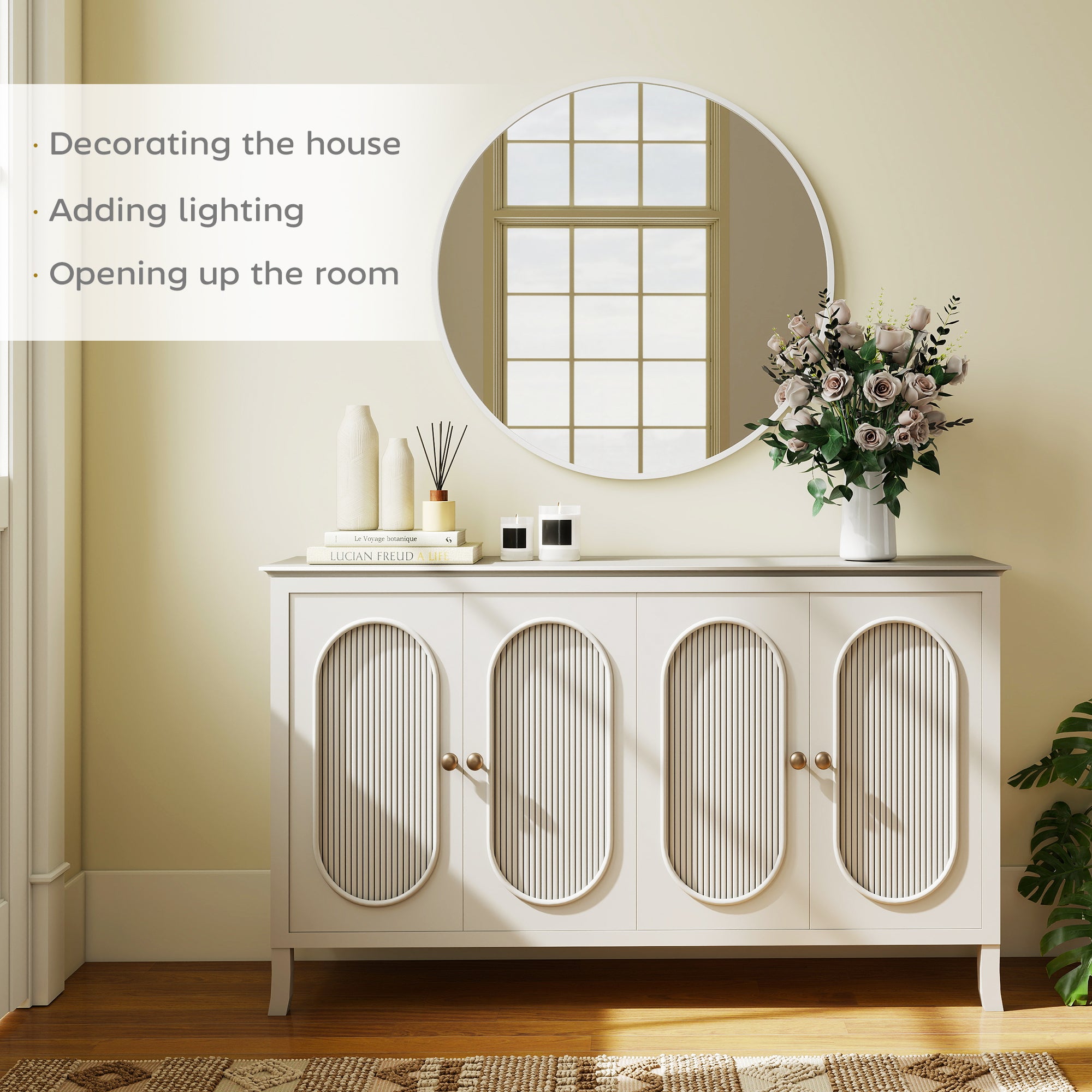 36" Round Mirror, Bathroom Wall Mirror with Metal Frame, Decorative Vanity Mirror for Living Room, Bedroom, White