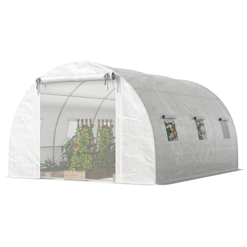 Walk-in Tunnel Greenhouse, Plant Hot House w/ Support Rods, Roll-up Mesh Door, Mesh Windows, 13'x9.8'x6.6', White