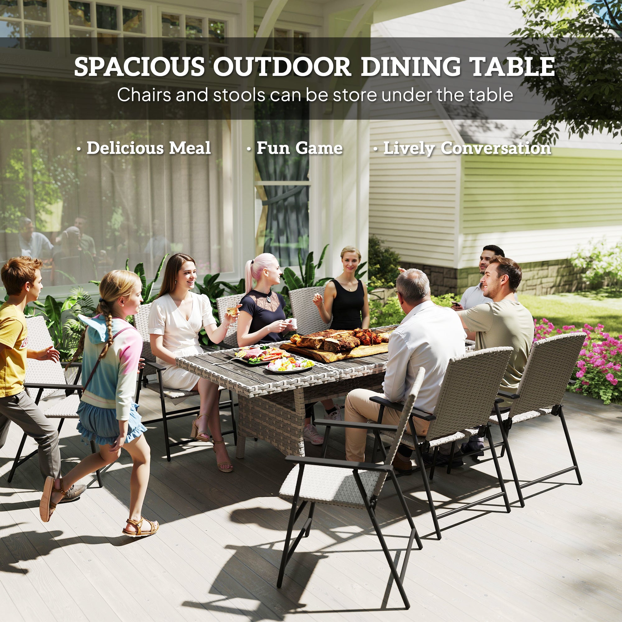 75" Outdoor Dining Table for 6-8, Wicker Patio Table with Storage Shelf and WPC Slatted Top for Balcony, Grey