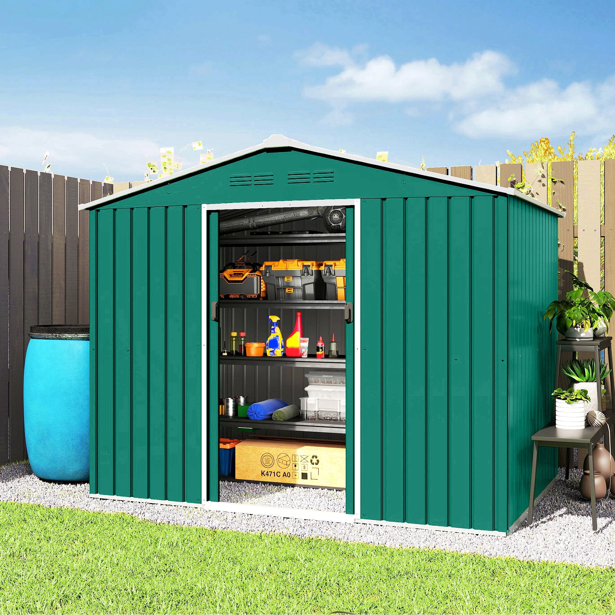 8' x 6' Outdoor Storage Shed, Metal Garden Tool Storage House with Lockable Sliding Doors and Vents, Green