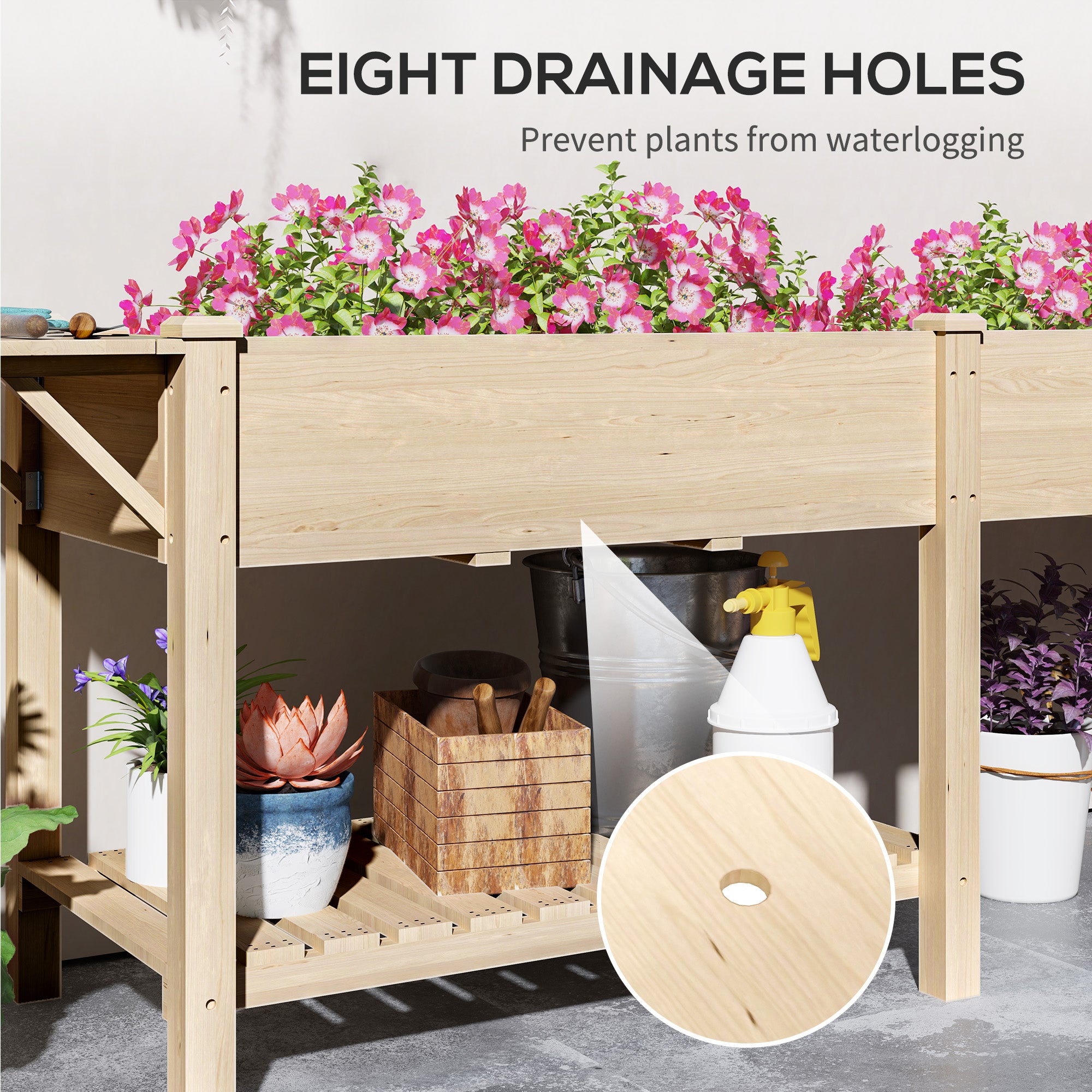 Raised Garden Bed, Wood Planter Box with Side Table, Bottom Shelf, Bed Liners and Drainage Holes, Natural