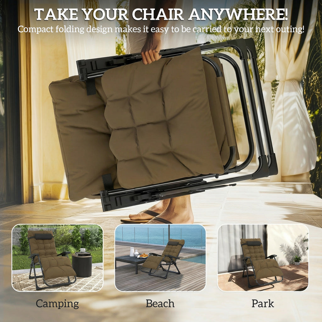 Folding Garden Chair, Reclining Zero Gravity Chair, Sun Lounger with Cushion and Headrest, Khaki