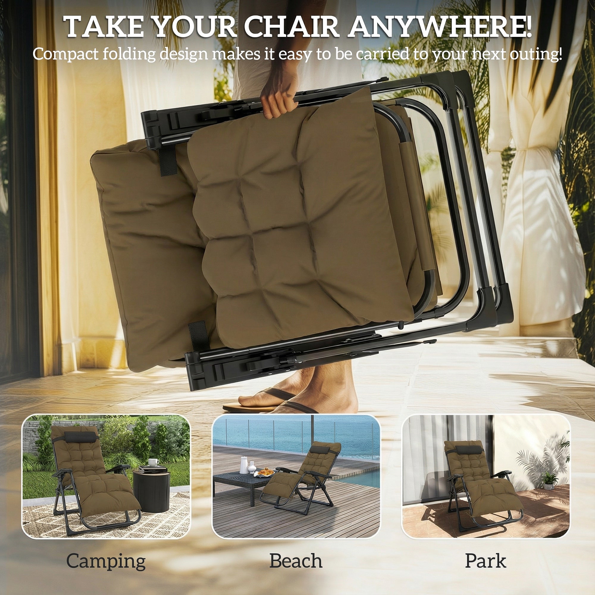 Folding Garden Chair, Reclining Zero Gravity Chair, Sun Lounger with Cushion and Headrest, Khaki