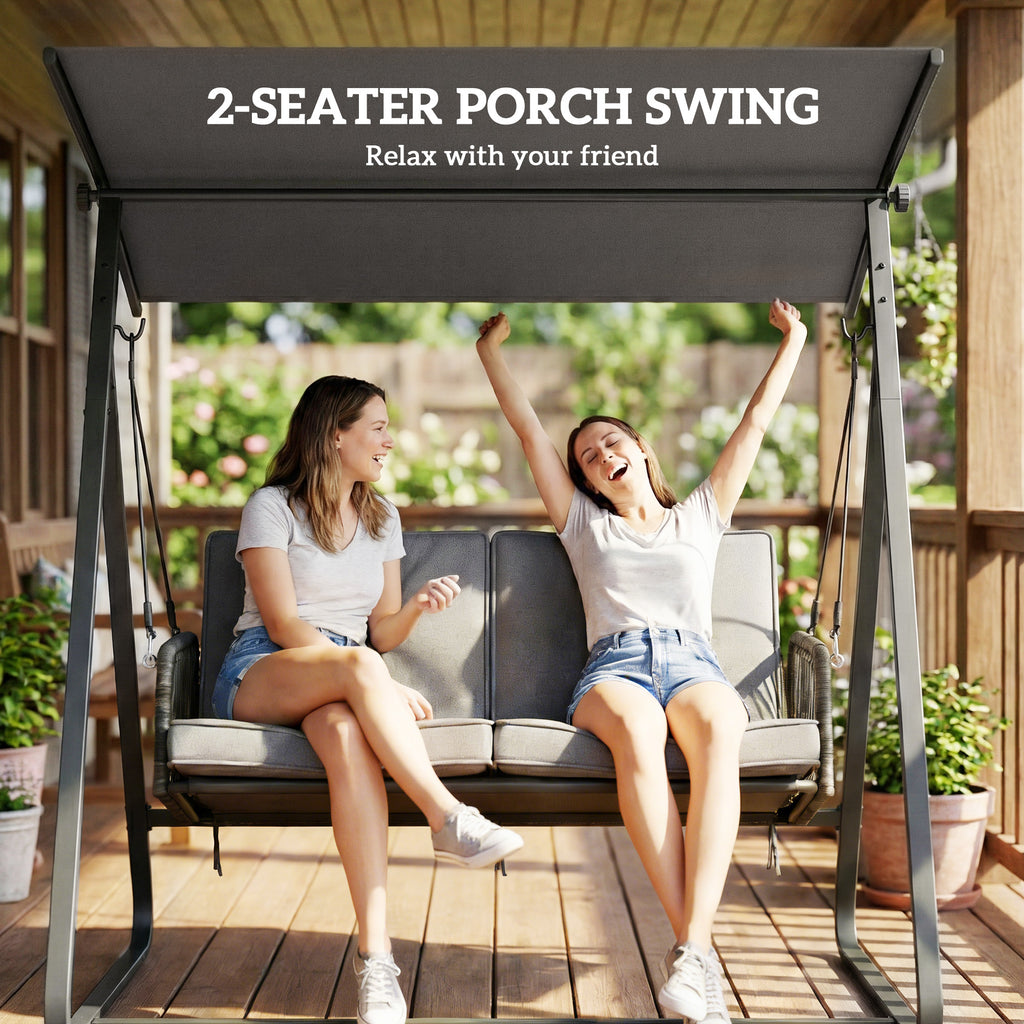 2-Person Outdoor Patio Porch Swing with Adjustable Canopy, Rattan Hanging Swing Bench with Soft Cushions