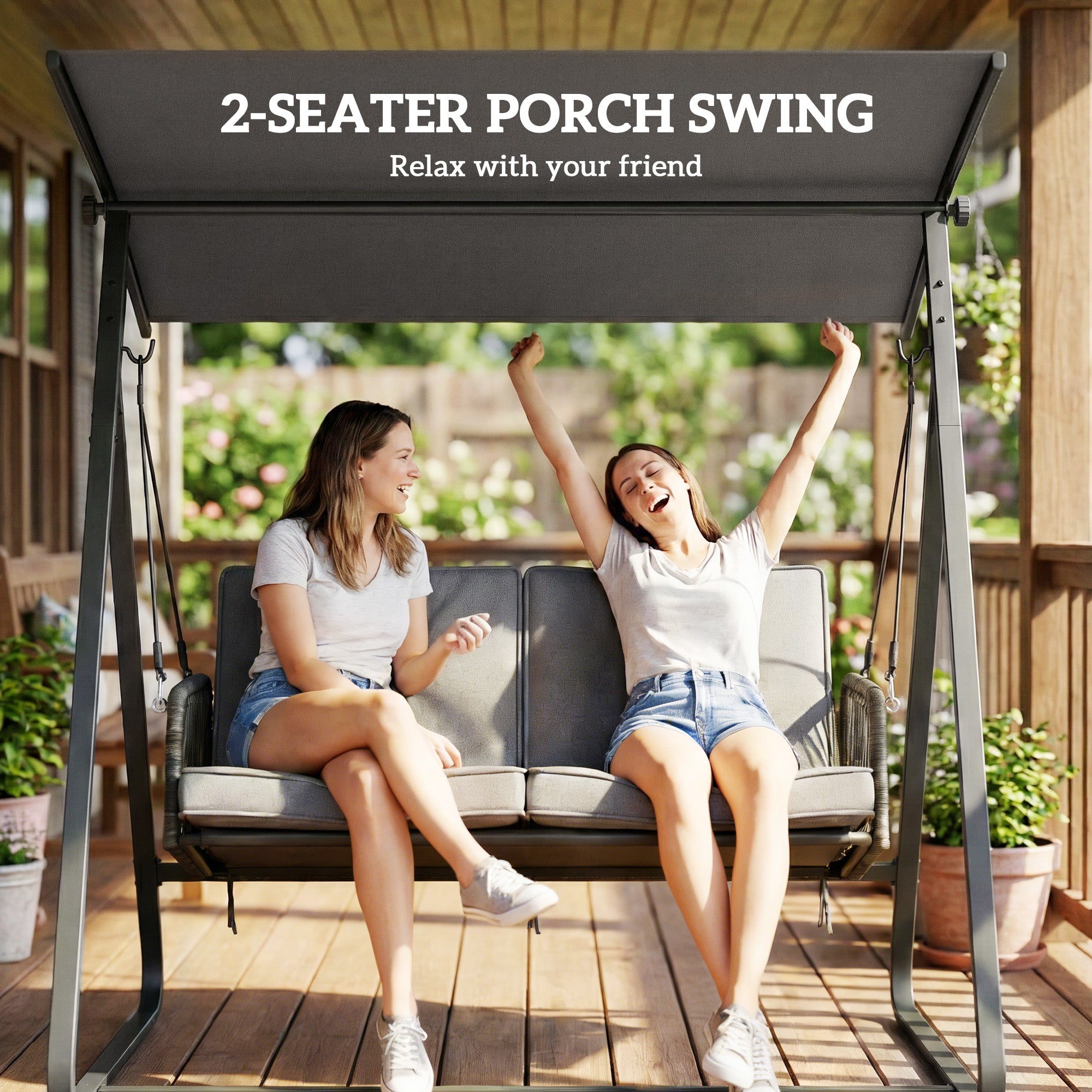 2-Person Outdoor Patio Porch Swing with Adjustable Canopy, Rattan Hanging Swing Bench with Soft Cushions