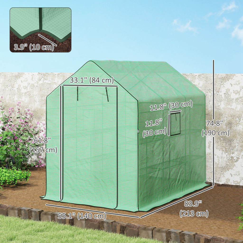 Walk-in Greenhouse with 3 Tier, Garden Plant Growhouse with Roll-up Door and Mesh Windows, 140 x 213 x 190 cm, Green