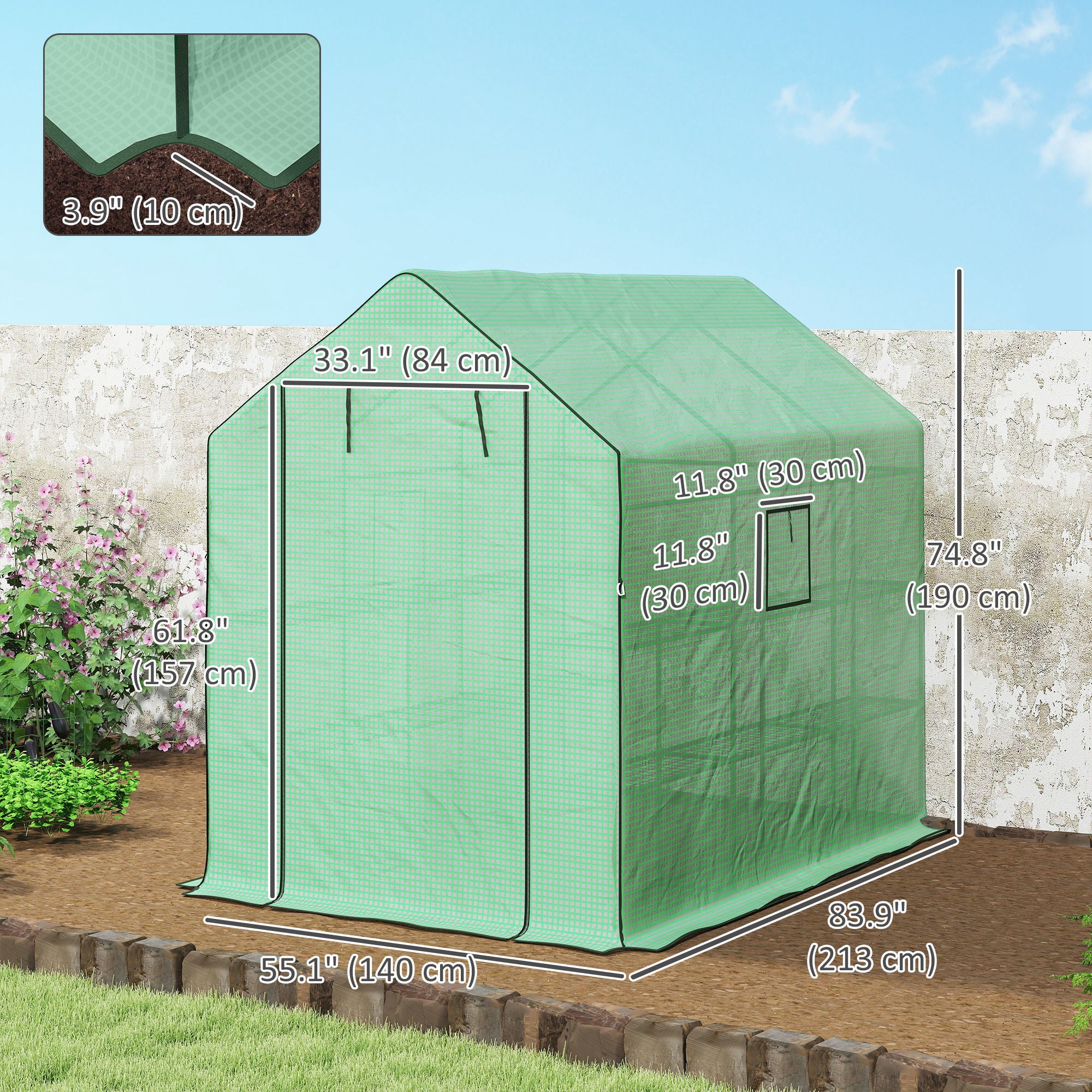 Walk-in Greenhouse with 3 Tier, Garden Plant Growhouse with Roll-up Door and Mesh Windows, 140 x 213 x 190 cm, Green