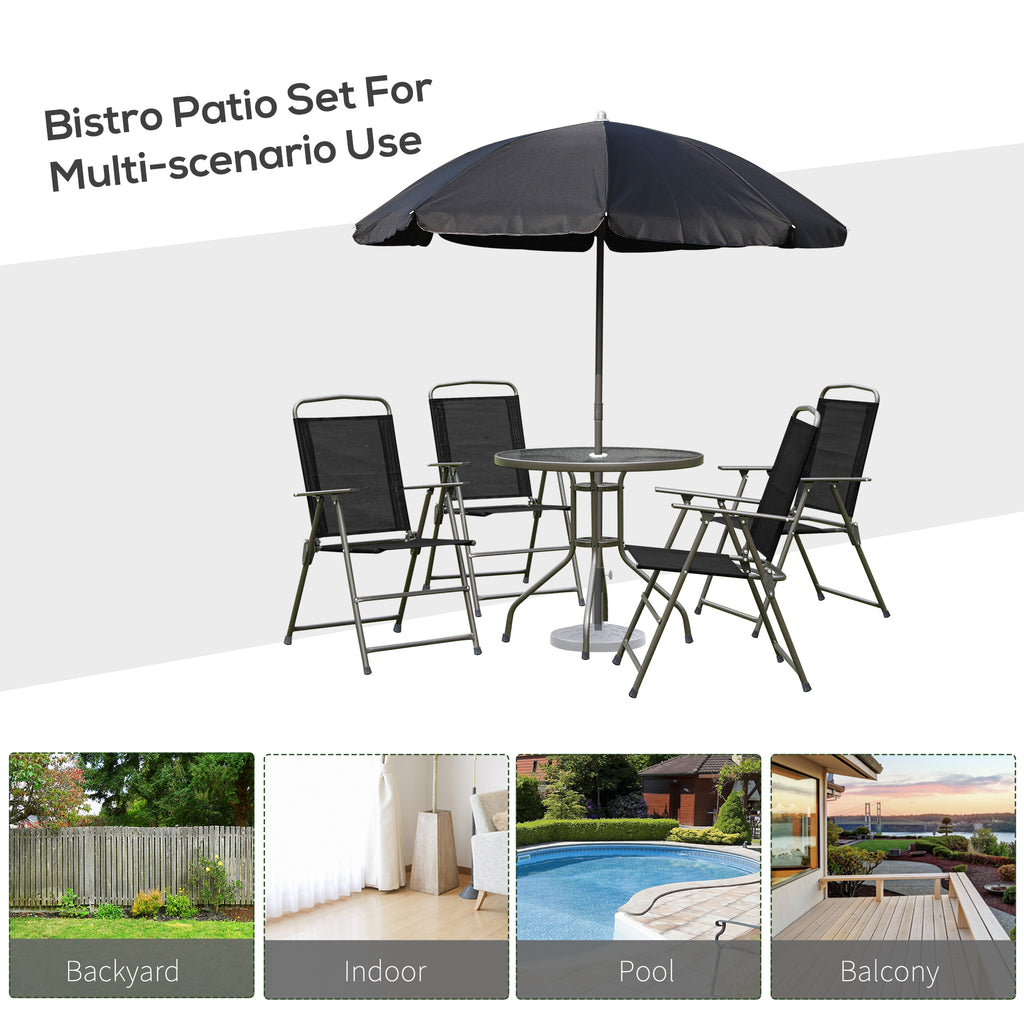 6 Pieces Outdoor Dining Set for 4 with Umbrella Patio Outdoor Furniture Set with Round Table 4 Folding Chairs Black