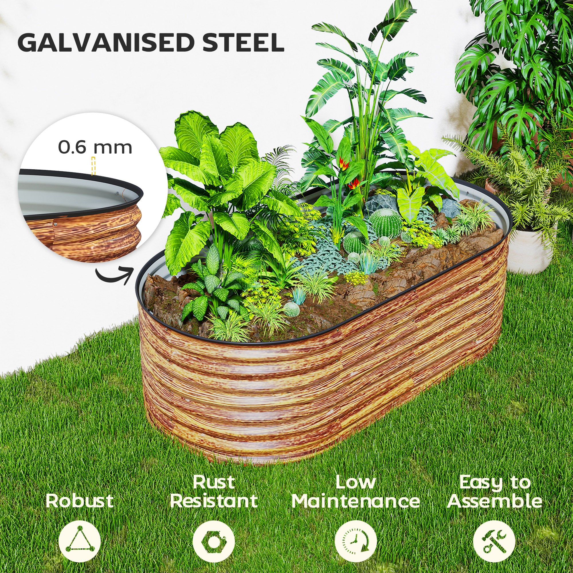 5 x 2.5 x 2 ft Galvanized Raised Garden Bed, Easy DIY Oval Planter Box with Safety Edging and Gloves, Brown Wood Effect