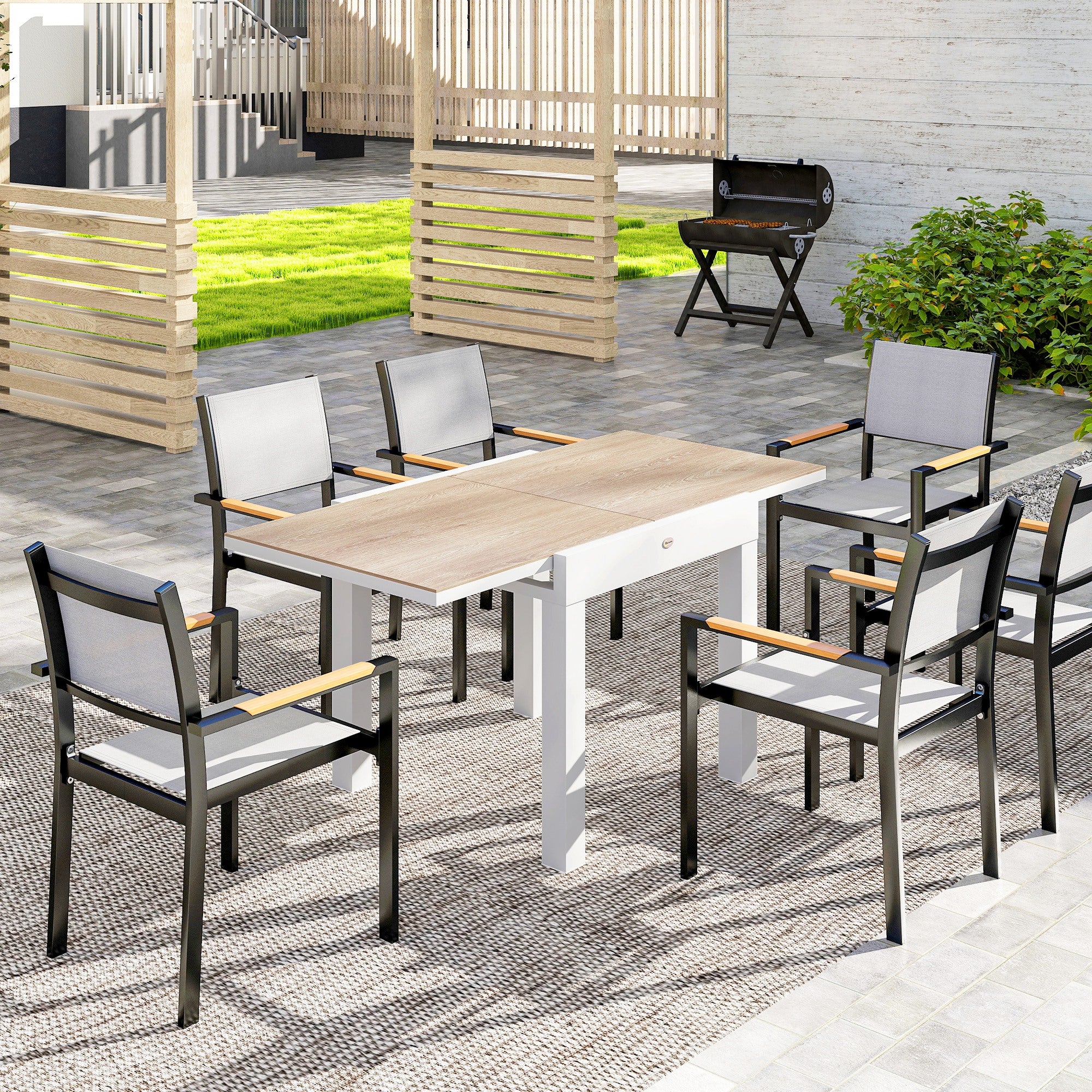 Extendable Patio Dining Table, Aluminum Frame Outdoor Patio Table with Faux Wood Top for Garden Backyard, Natural Wood