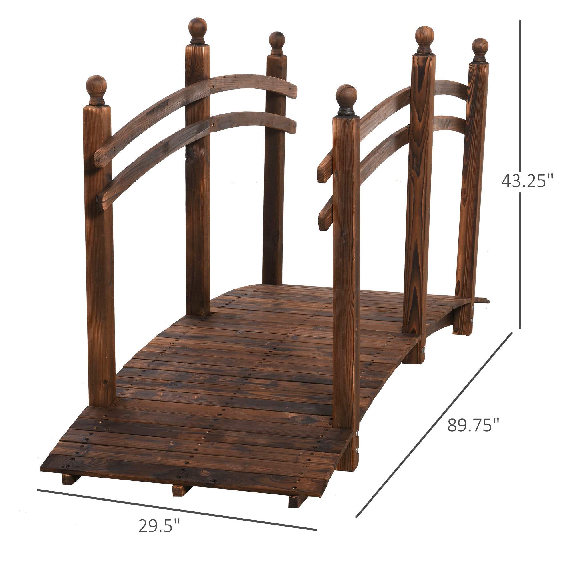 7.5' Fir Wood Garden Bridge Arc Walkway with Side Railings, for Backyards, Gardens, & Streams, Tan