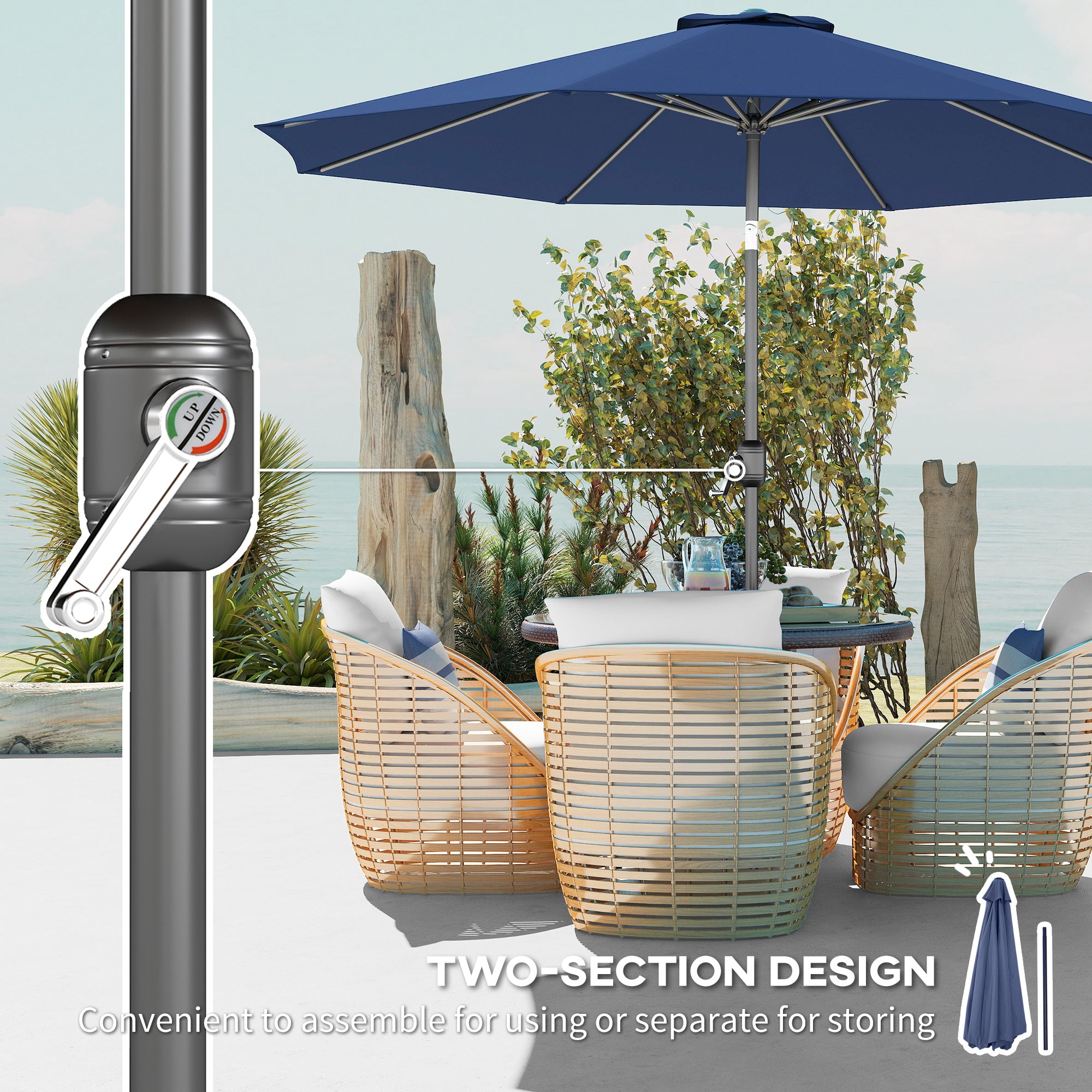10' x 8' Round Market Umbrella, Patio Umbrella with Crank Handle and Tilt, Outdoor Parasol for Garden, Blue