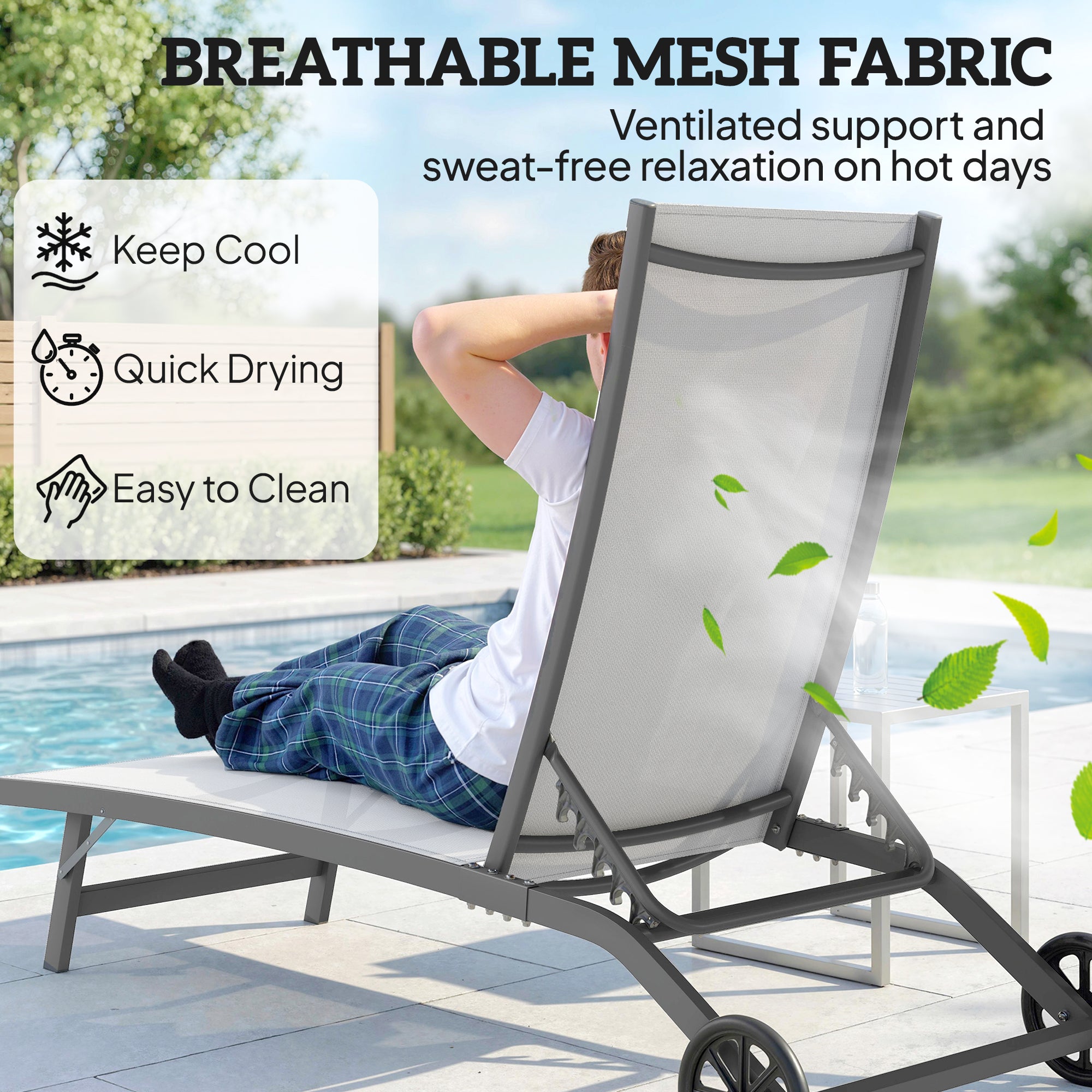 Outdoor Lounge Chair Set of 2, Tanning Chair with Wheels, Breathable Mesh for Patio, Backyard, Poolside, Cream White