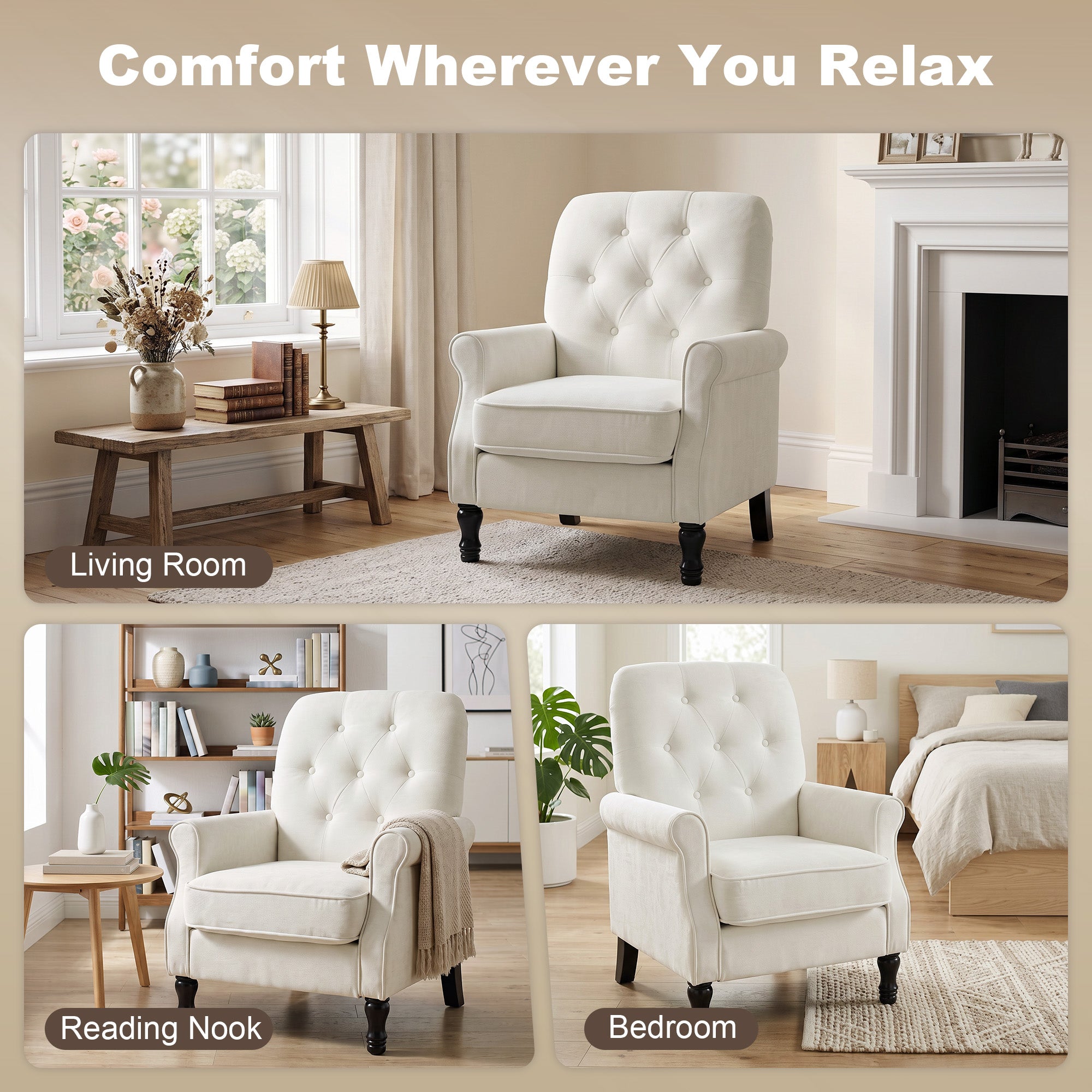 Accent Chair, Mid-Century Modern Armchair with Thick Padded Seat, Spring Cushion, Solid Wood Legs, Cream White