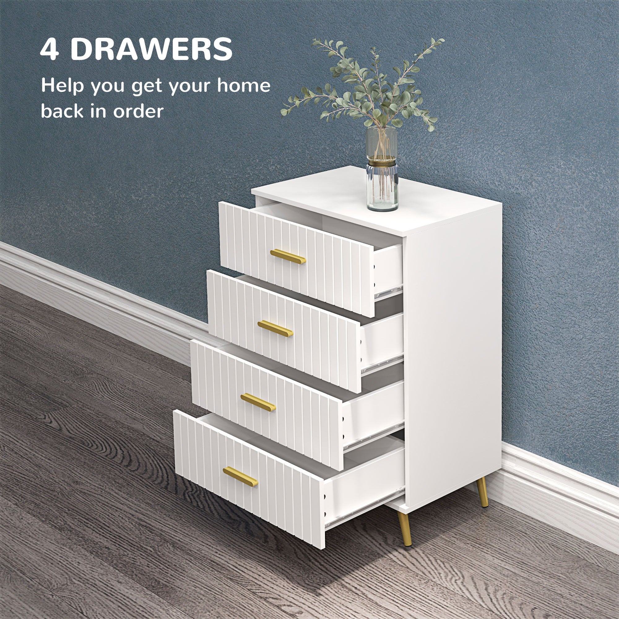 4 Drawer Cabinet, Drawer Chest for Bedroom, Chest of Drawers with Aluminium Legs and Gold Handles, White
