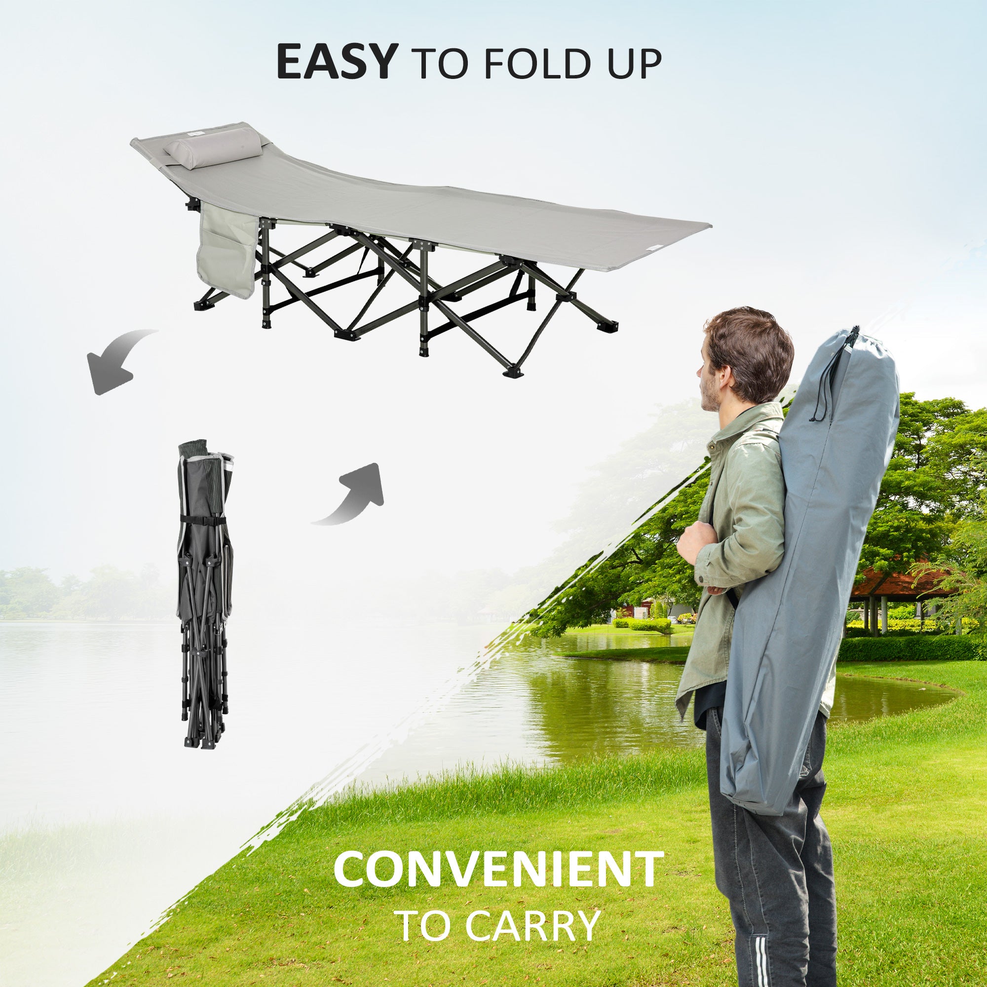 Folding Camping Cot with Mat & Pillow, Double Layer Oxford Heavy Duty Sleeping Cot with Carry Bag Light Grey