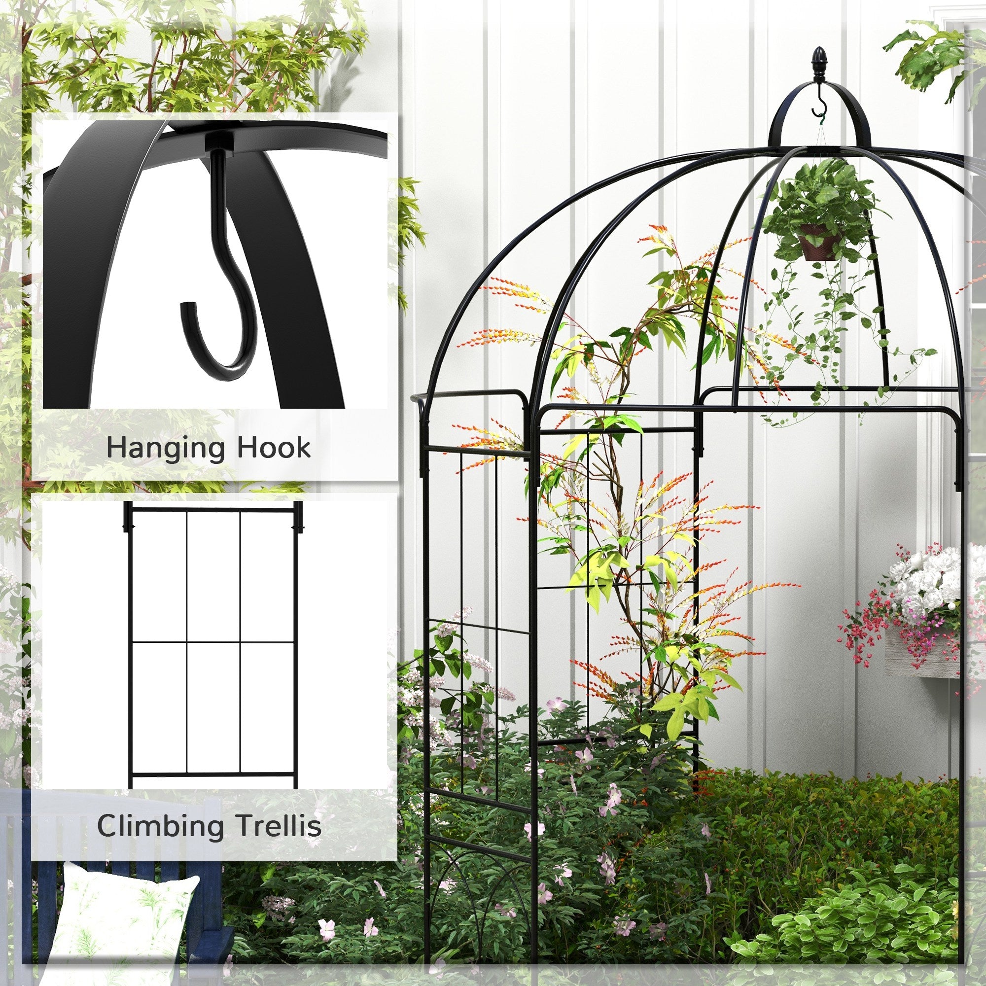 Birdcage Shape Arbour, Metal Garden Arbour Pergola Pavilion for Climbing Plants, Lights, French Style Arch Trellis