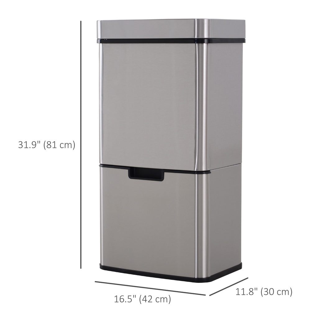 Sensor Trash Can, 19 Gallon Stainless Steel Kitchen Garbage Can with 3 Compartments, Removable Inner Buckets, Silver