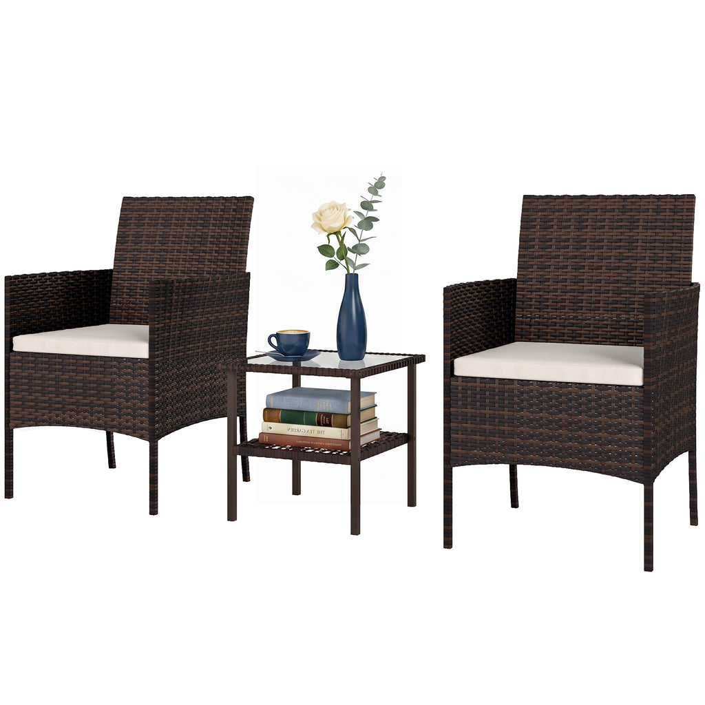 Wicker Bistro Set, 3 Piece Patio Furniture Set with 2-Tier Glass Top Table, Cushions for Balcony, Porch, Beige