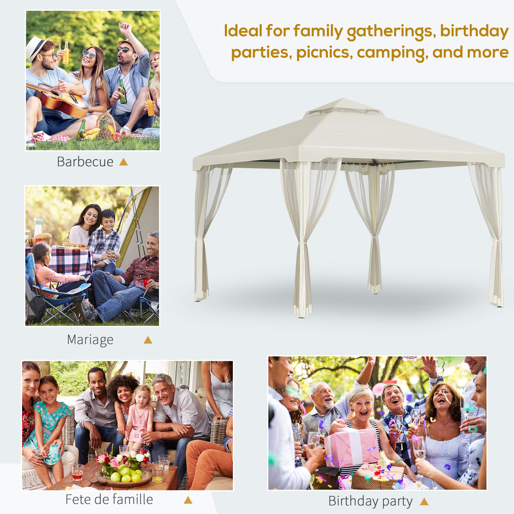 10' x 10' Patio Gazebo Pavilion, 2-Tier Roof Canopy Outdoor Shelter with Steel Frame and Mosquito Netting for Garden, Yard and Outdoor Events, Cream White